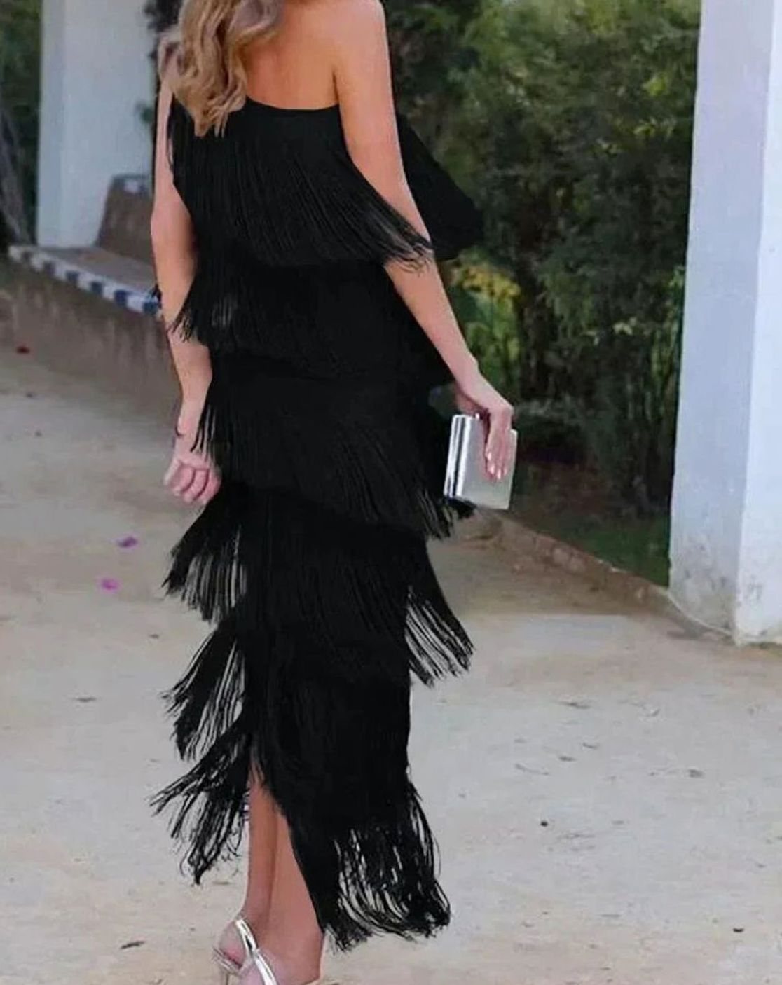 Women's One-Shoulder Tiered Fringe Maxi Dress