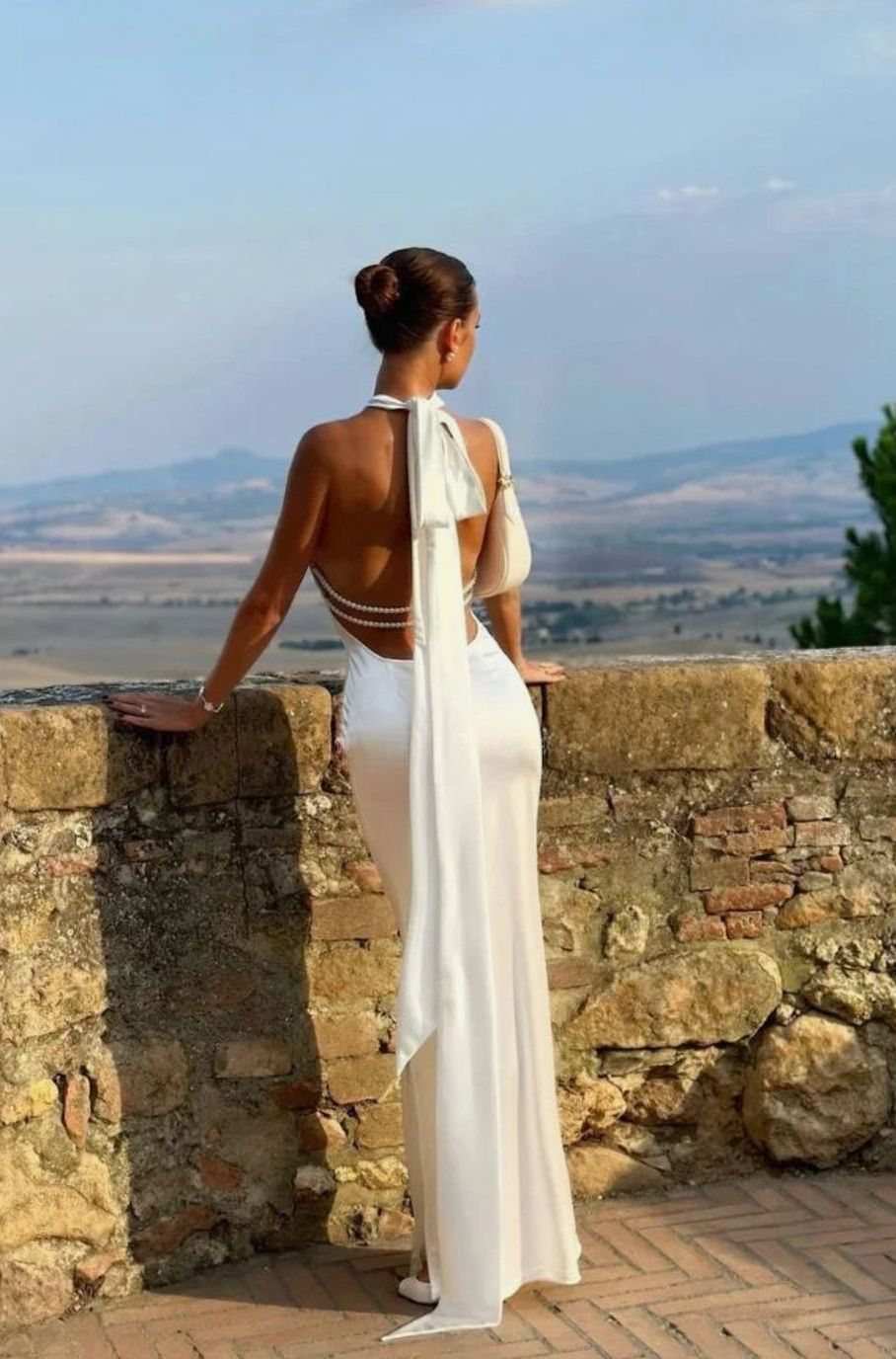 Women's Open-Back Pearl-Detail Halter White Maxi Gown
