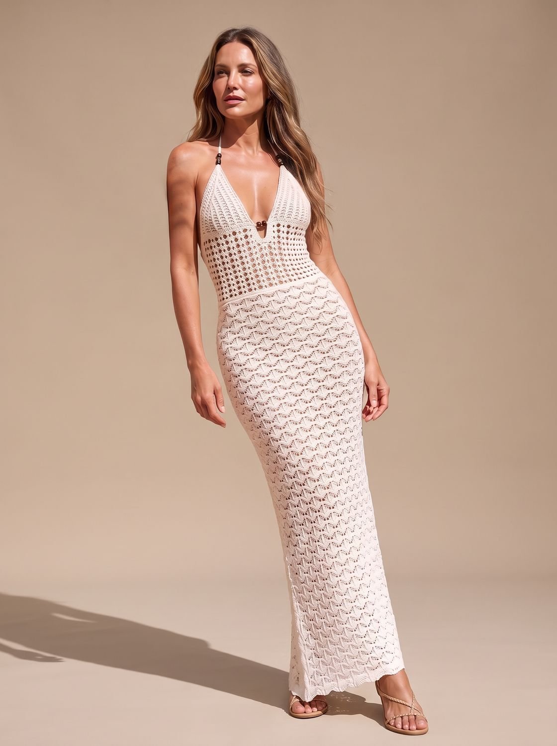 Women's Open-Knit Halter-Neck Bodycon Maxi Dress - White