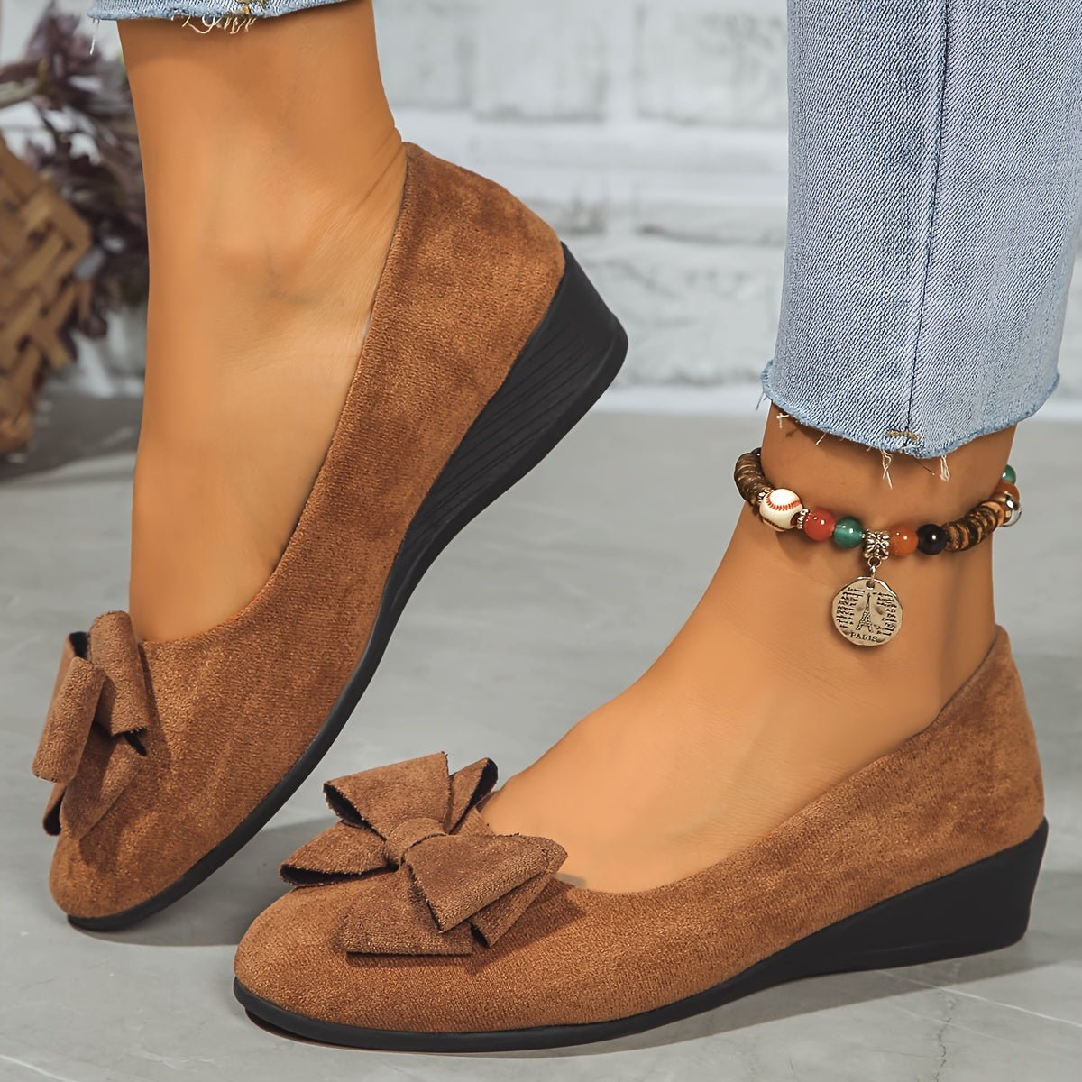 Women's Orthopedic Bow-Detail Slip-On Flat Shoes - Brown