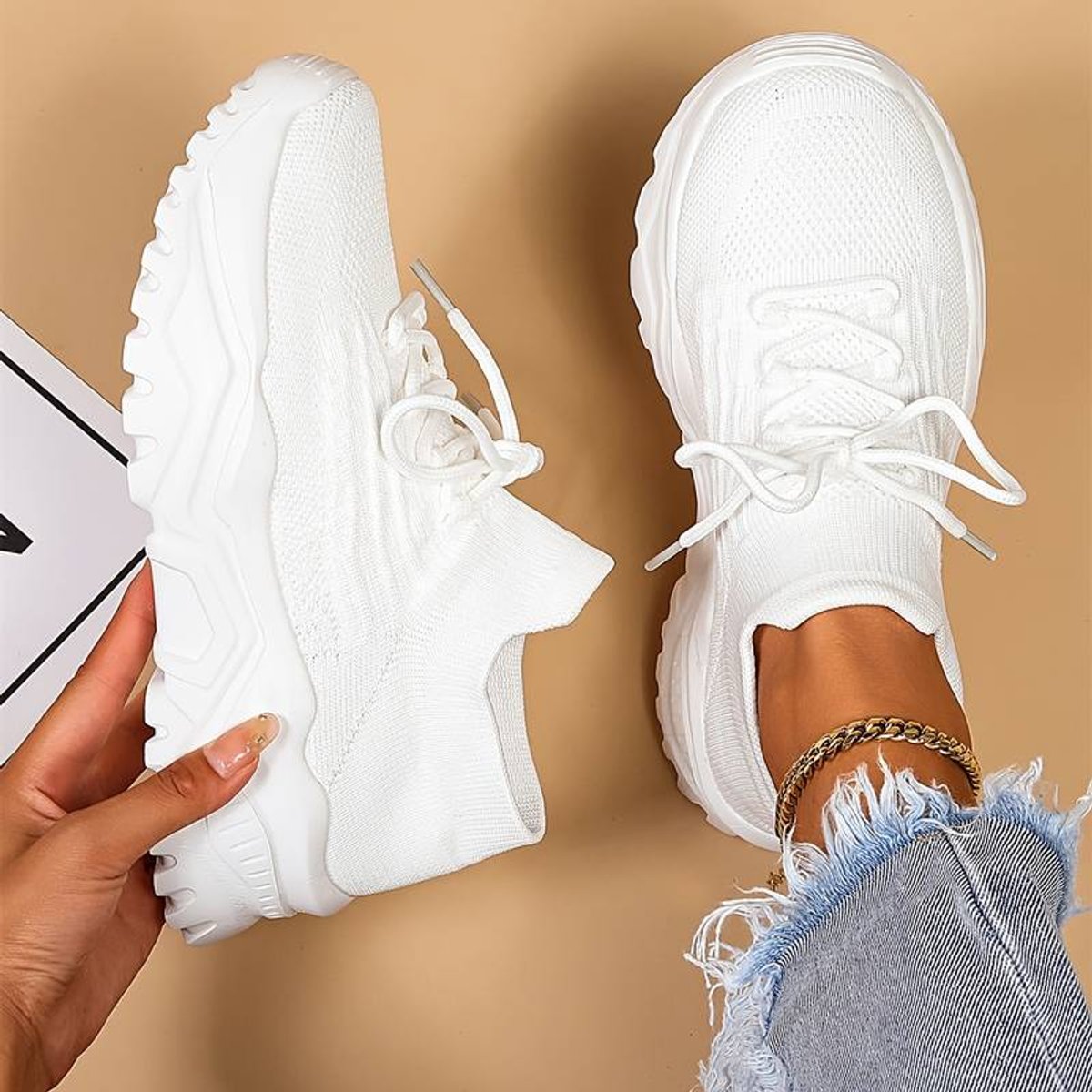 Women's Orthopedic Lace-Up Comfort Sneakers Breathable Knit - White