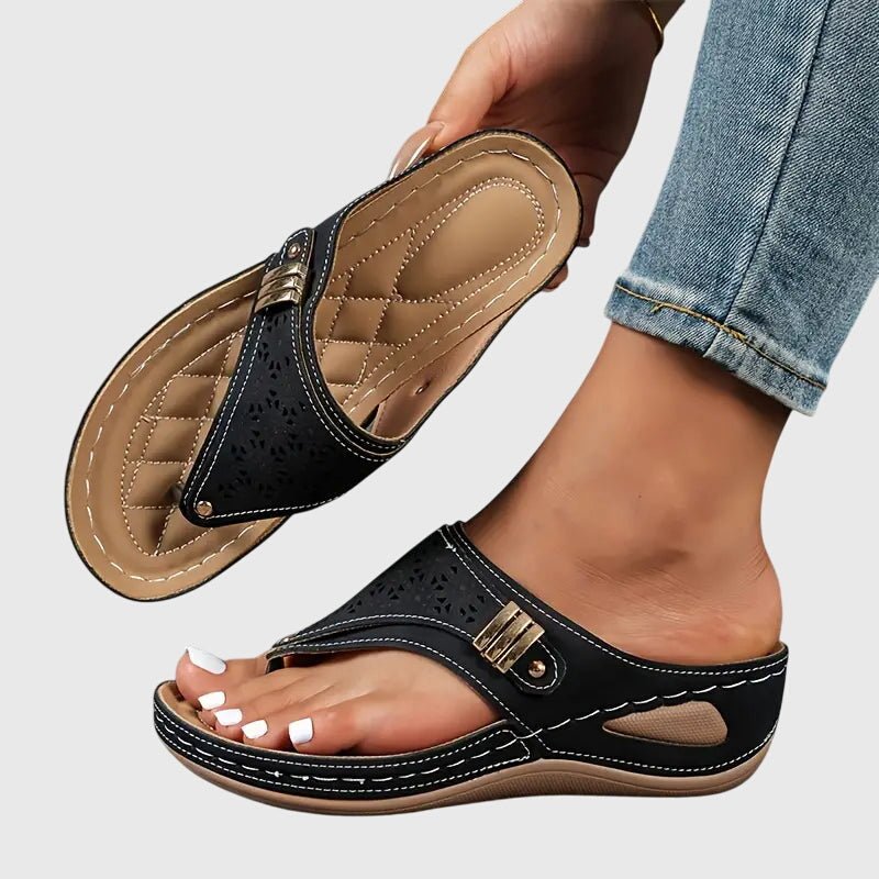 Women's Orthopedic Sandals Slip-On Wedge Comfort Thongs - Black