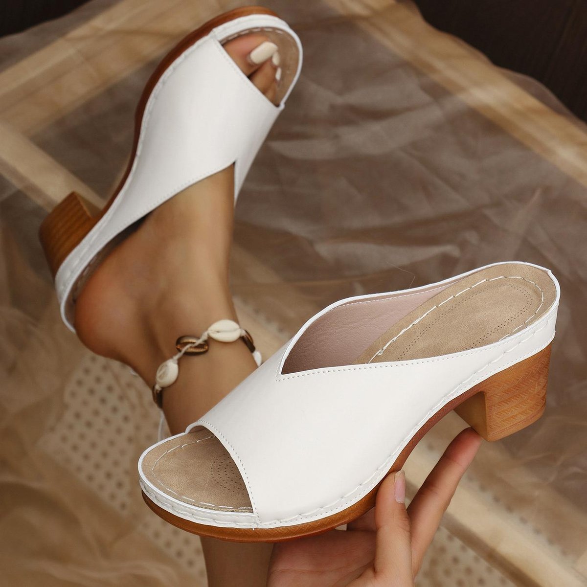 Women's Orthopedic Slip-On Block Heel Comfort Sandals Open Toe - Beige