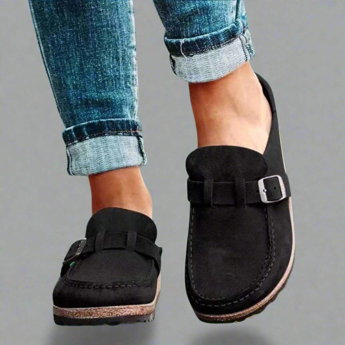 Women's Orthopedic Suede Buckle Slip-On Comfort Sandals - Black