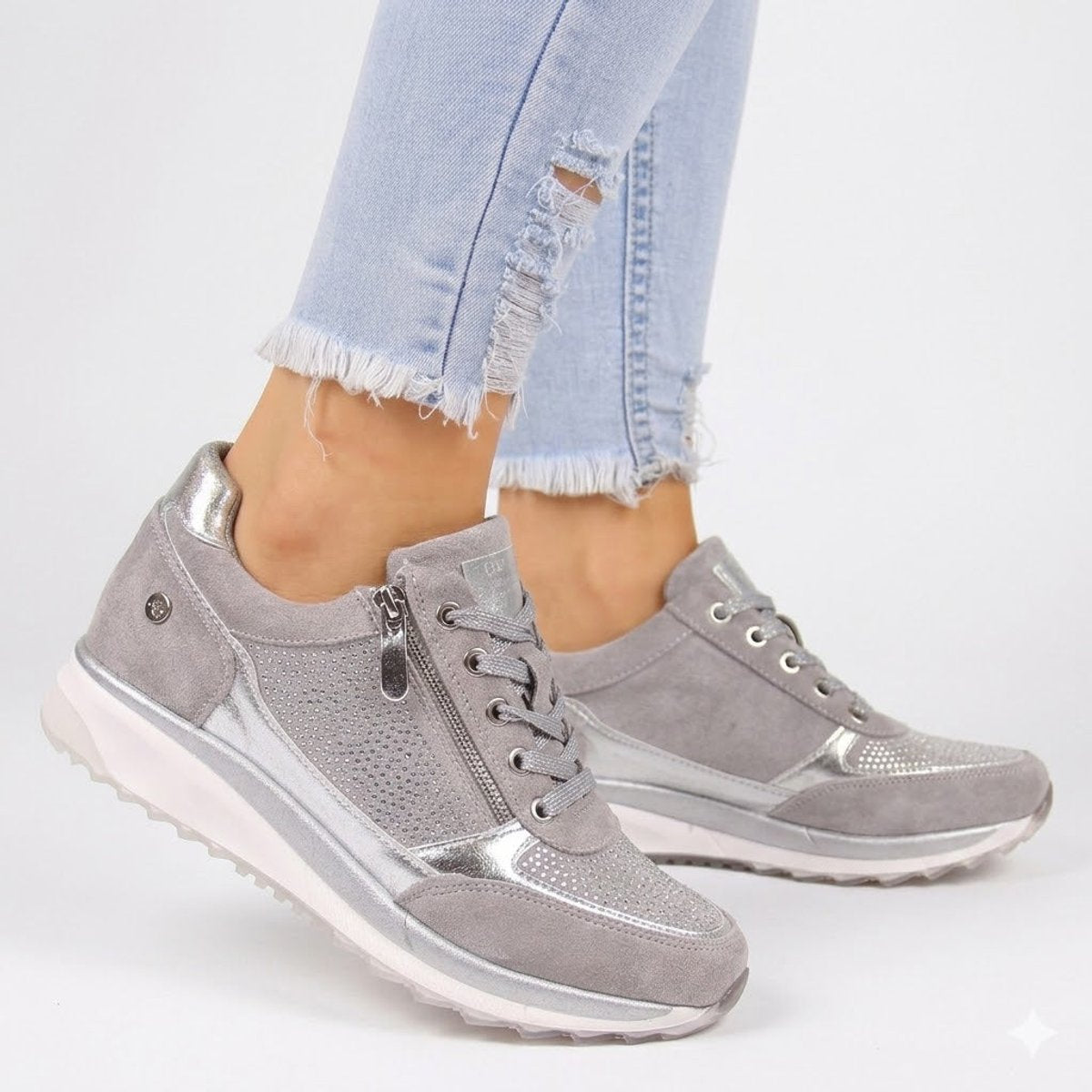 Women's Orthopedic Zip-Up Comfort Sneakers Shimmer Platform - Grey