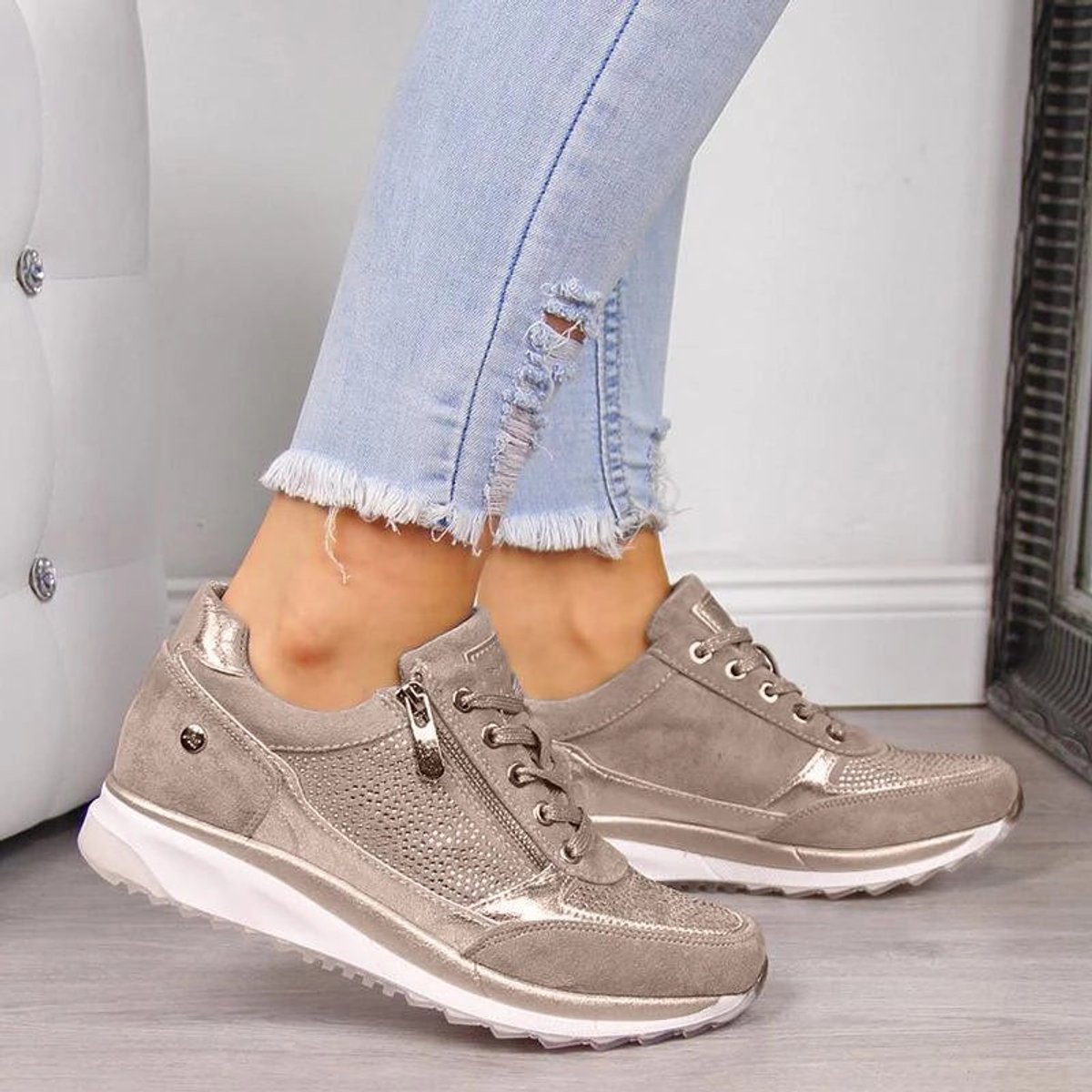 Women's Orthopedic Zip-Up Comfort Sneakers Shimmer Platform