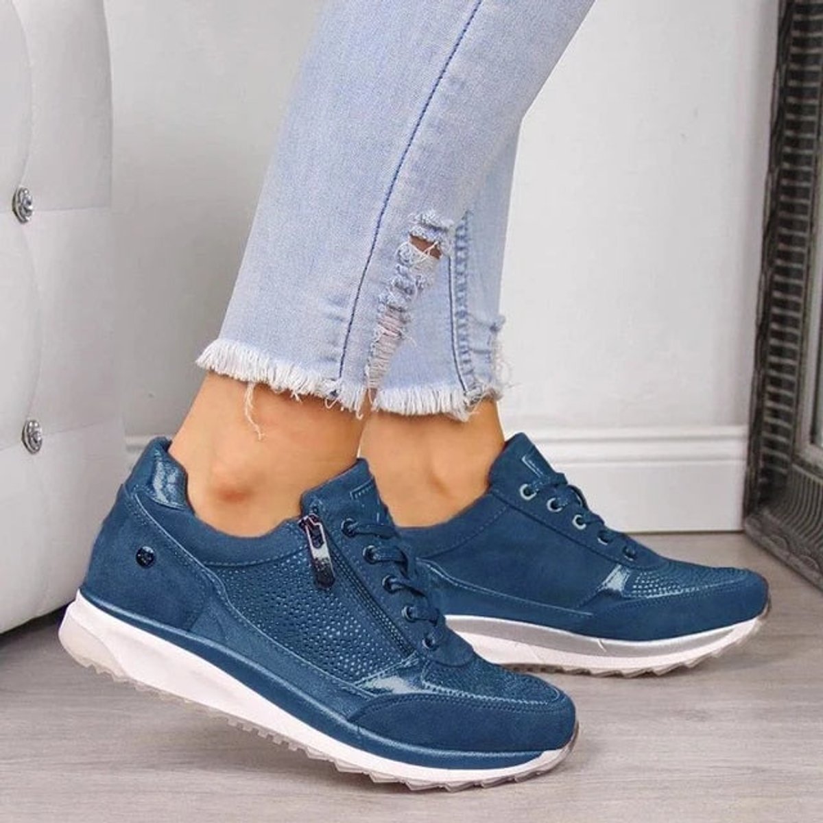 Women's Orthopedic Zip-Up Comfort Sneakers Shimmer Platform - Blue