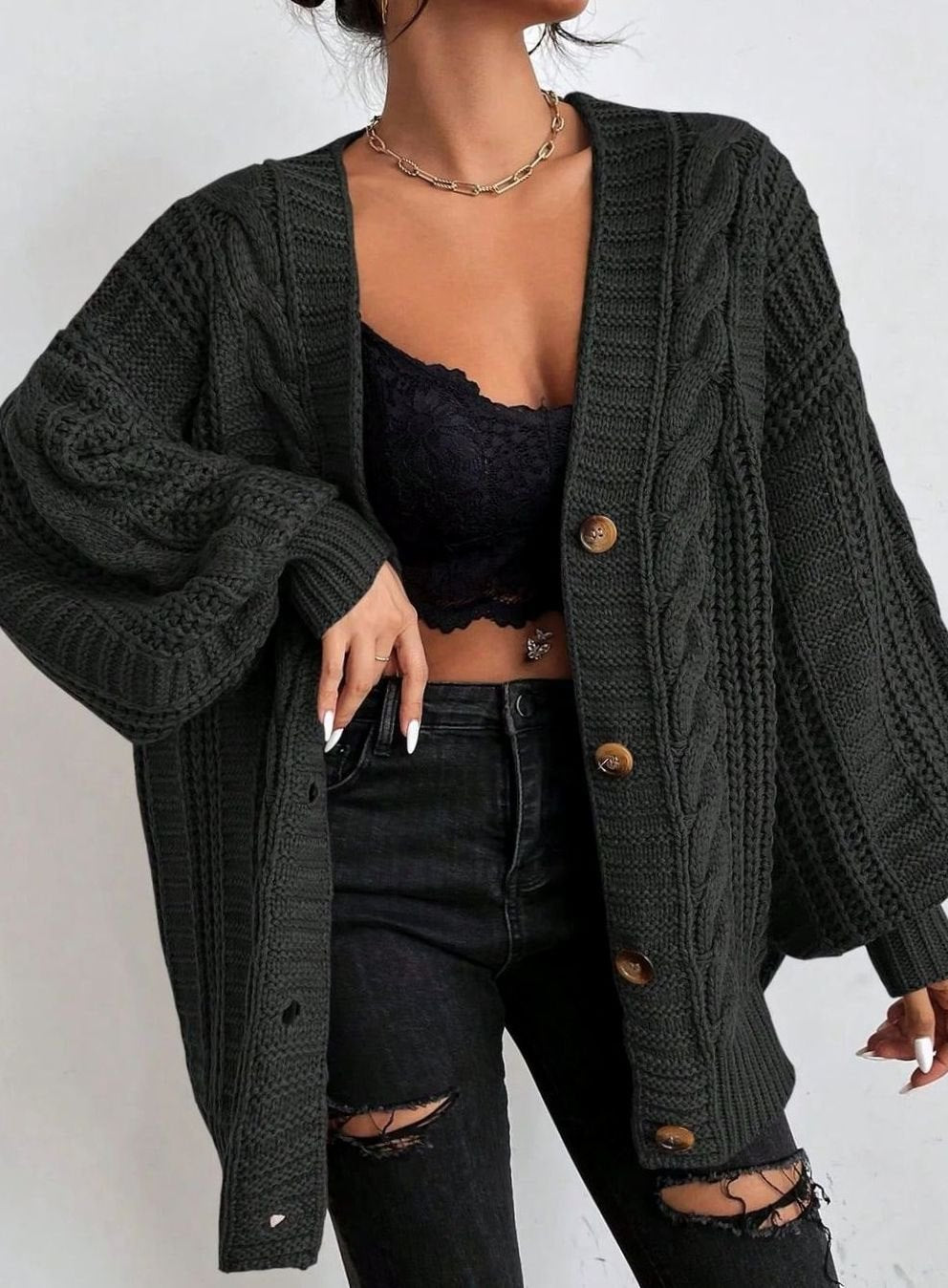 Women's Oversized Cable Knit Button-Front Cardigan - Black
