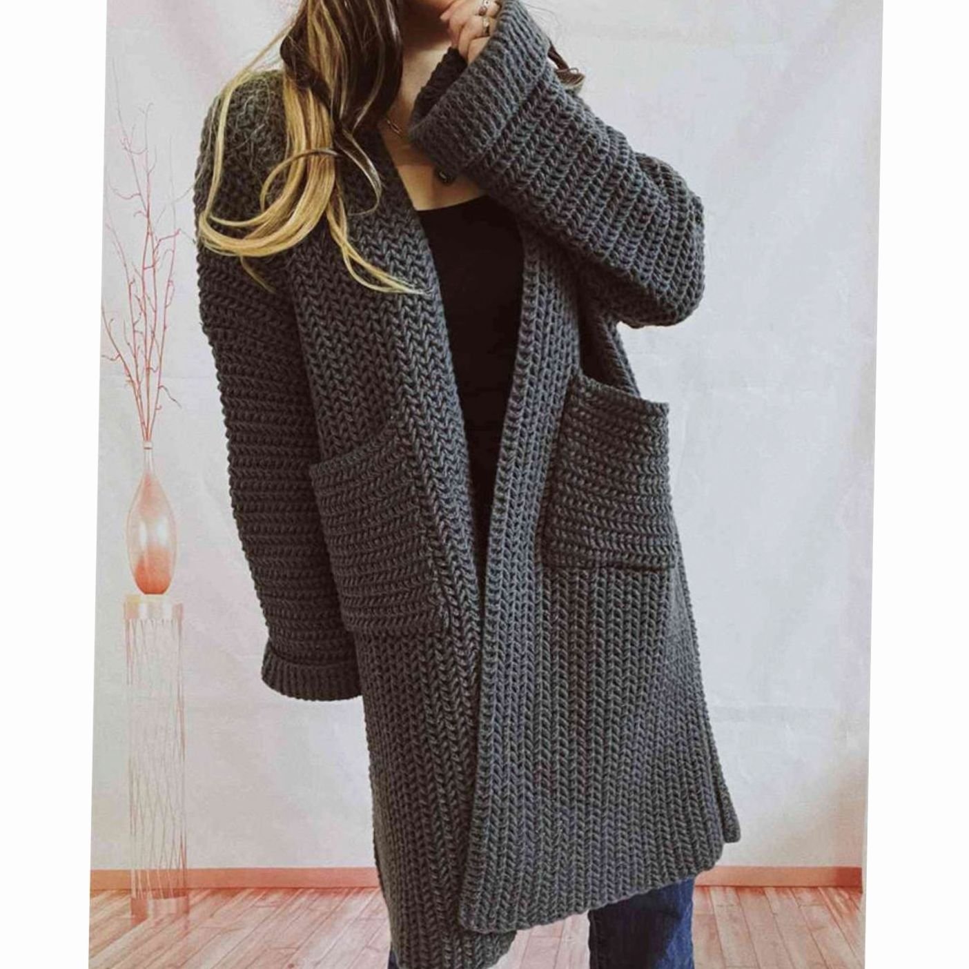 Women's Oversized Chunky Knit Open-Front Long Cardigan Patch Pockets
