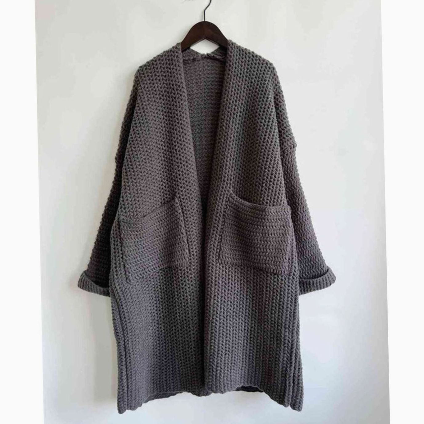 Women's Oversized Chunky Knit Open-Front Long Cardigan Patch Pockets