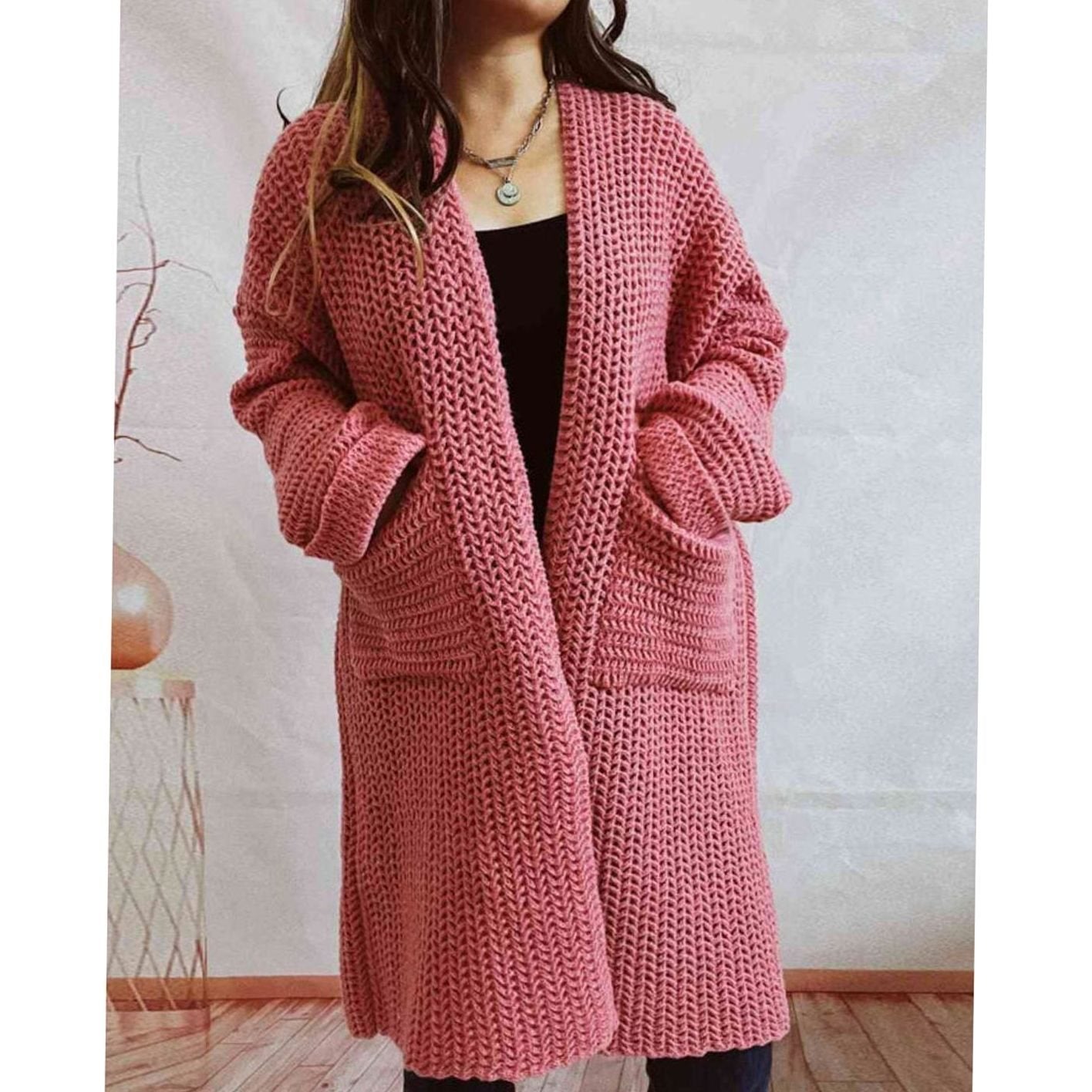 Women's Oversized Chunky Knit Open-Front Long Cardigan Patch Pockets