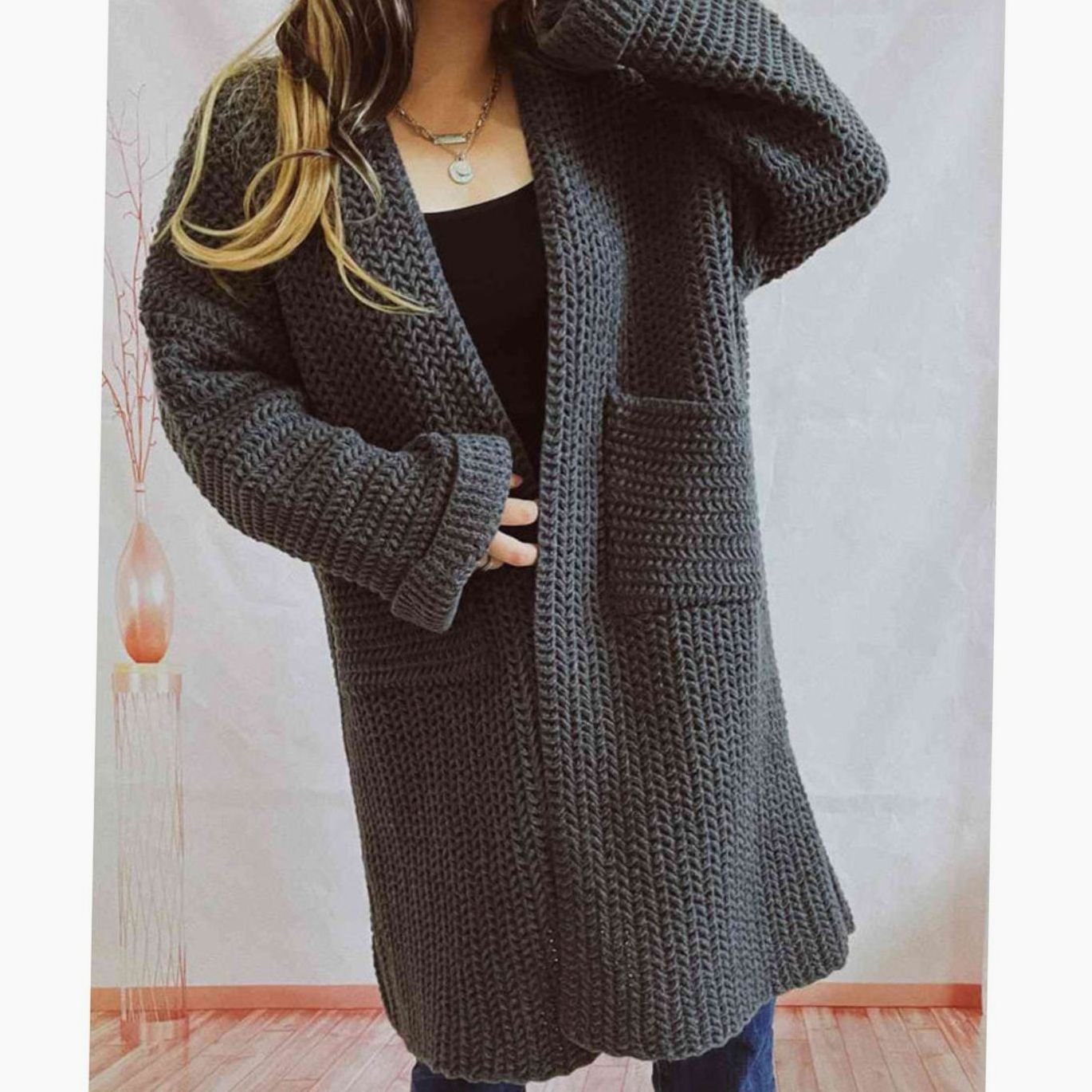 Women's Oversized Chunky Knit Open-Front Long Cardigan Patch Pockets - Charcoal