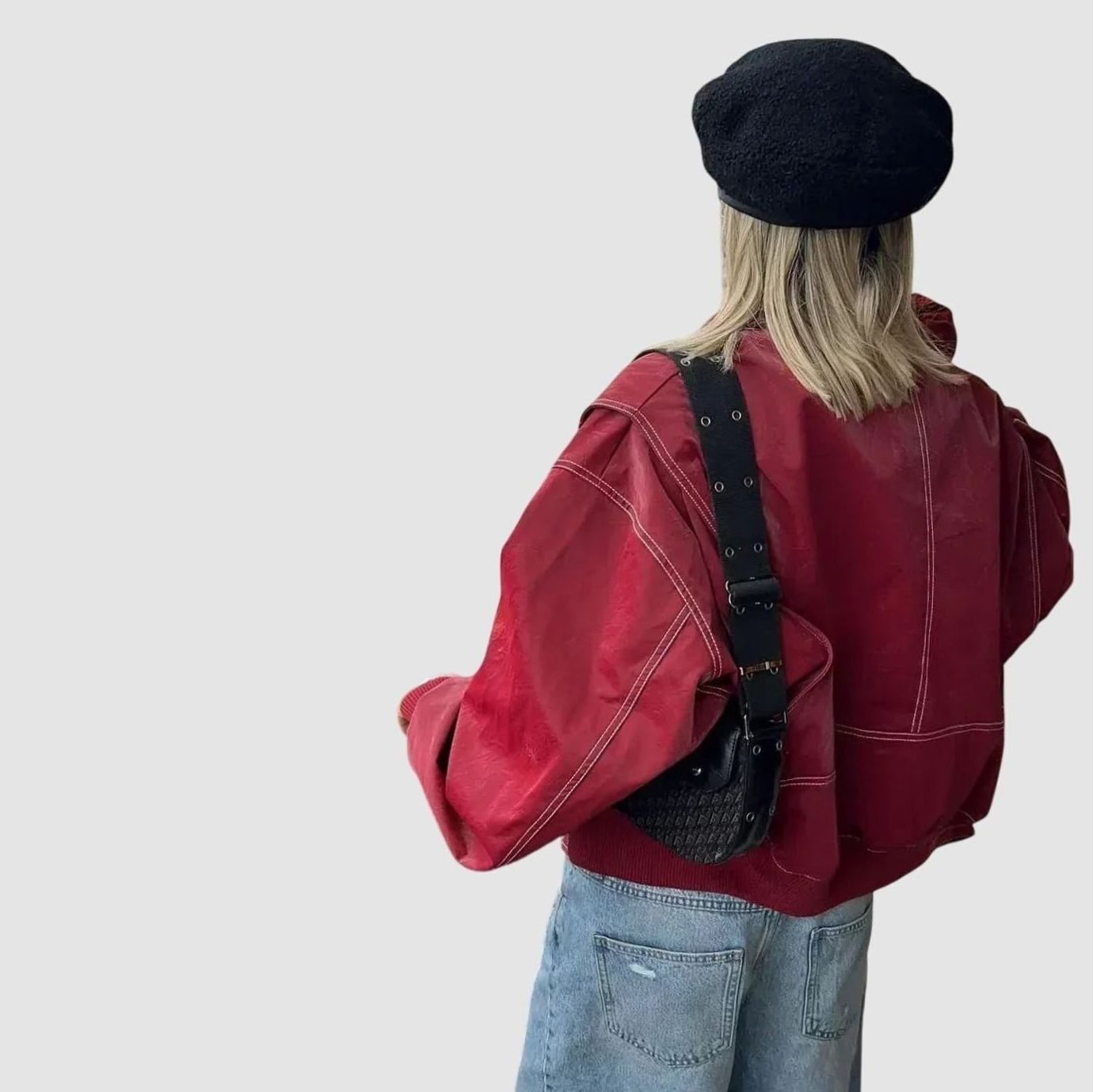 Women's Oversized Faux Leather Biker Jacket Contrast Stitch
