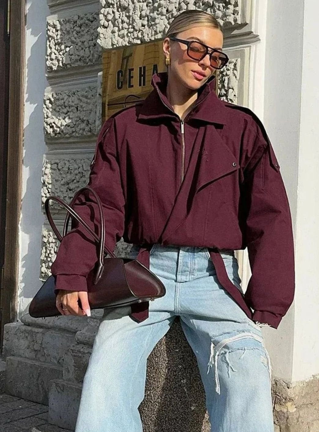 Women's Oversized High-Collar Zip-Up Bomber Jacket - Burgundy