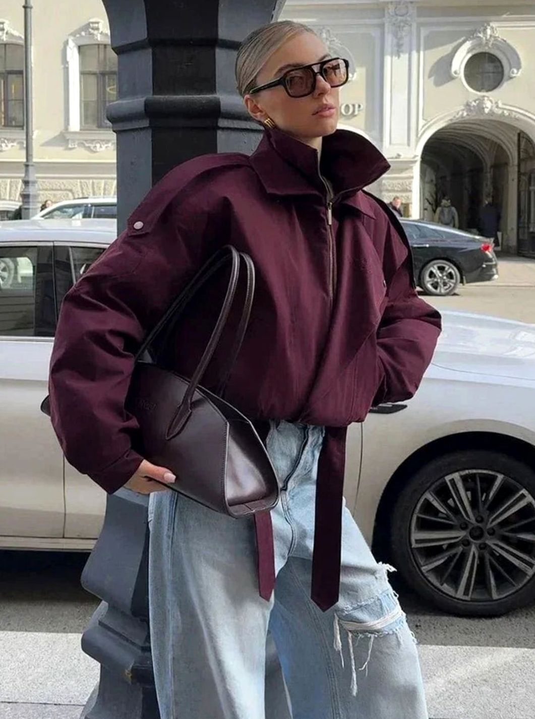 Women's Oversized High-Collar Zip-Up Bomber Jacket