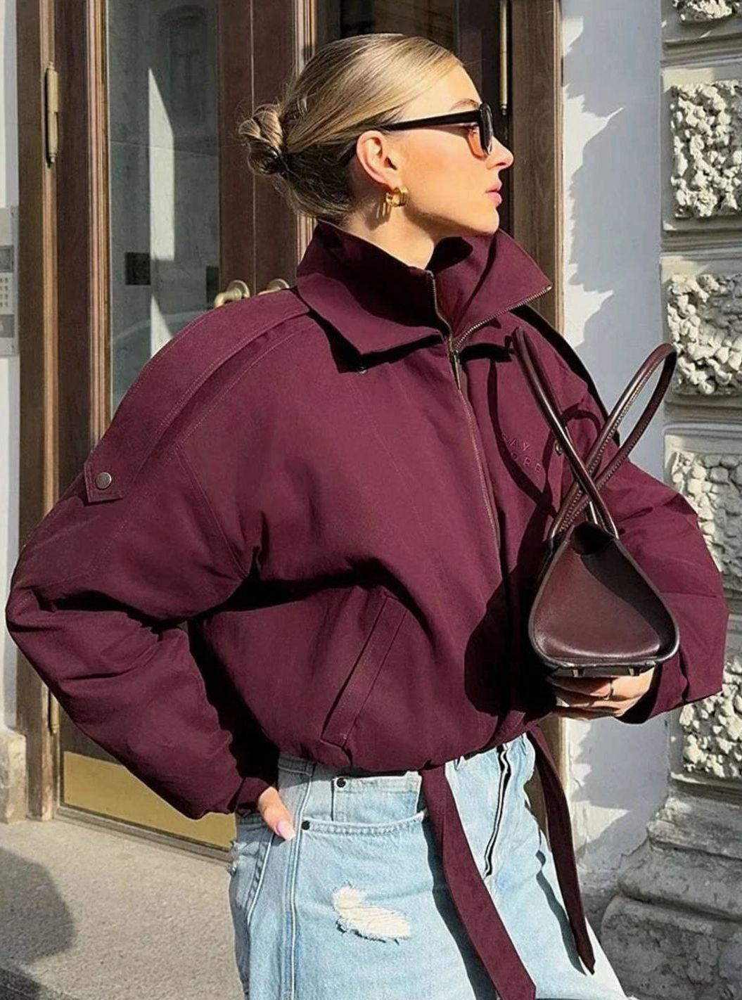 Women's Oversized High-Collar Zip-Up Bomber Jacket