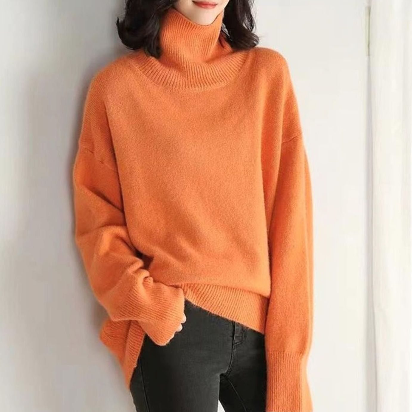 Women's Oversized Knit Turtleneck Pullover Sweater - Orange
