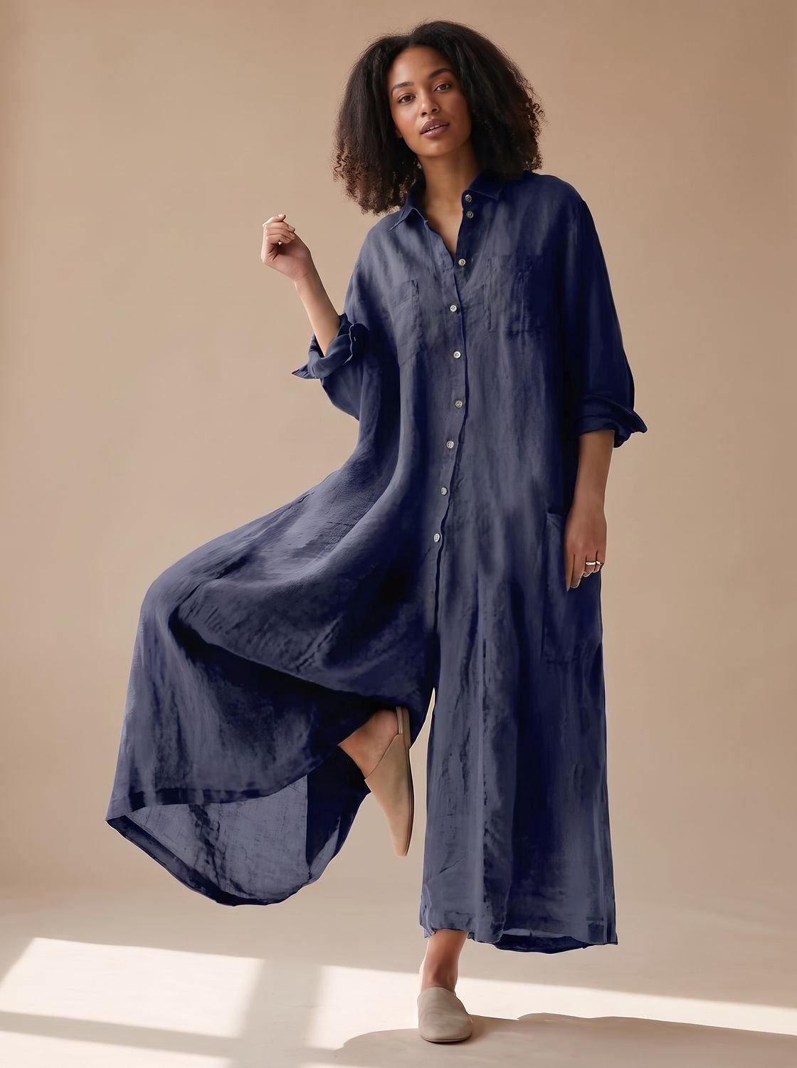 Women's Oversized Linen-Look Button-Down Maxi Shirt Dress - Blue