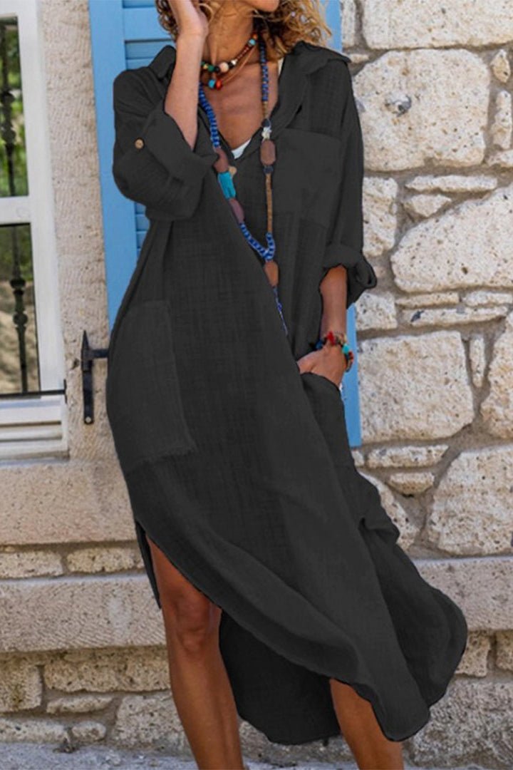 Women's Oversized Linen Midi Summer Dress V-Neck Relaxed Fit - Black