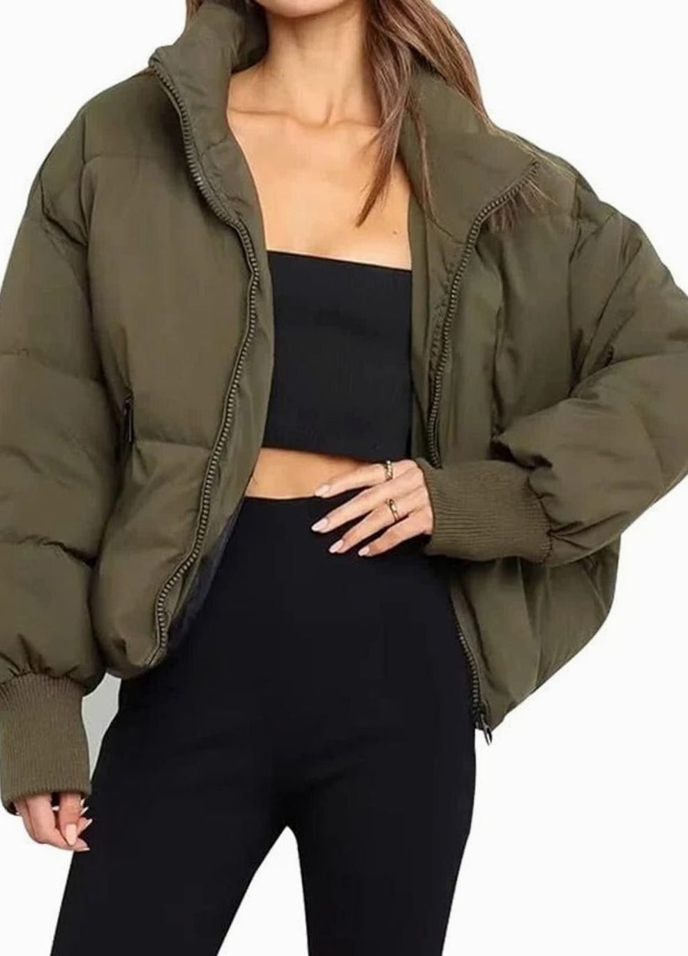 Women's Oversized Quilted Puffer Light Jacket Full-Zip Stand Collar - Green