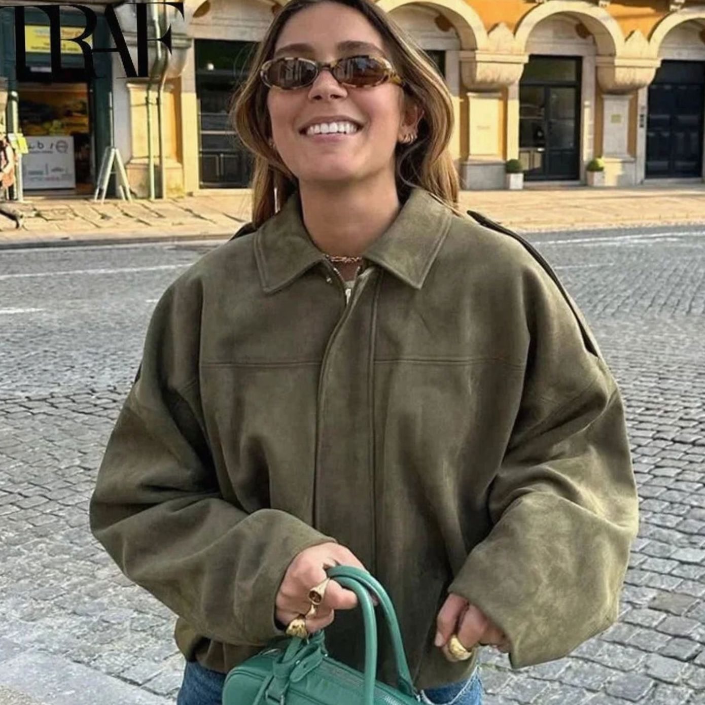 Women's Oversized Suede-Look Light Bomber Jacket Zip-Up