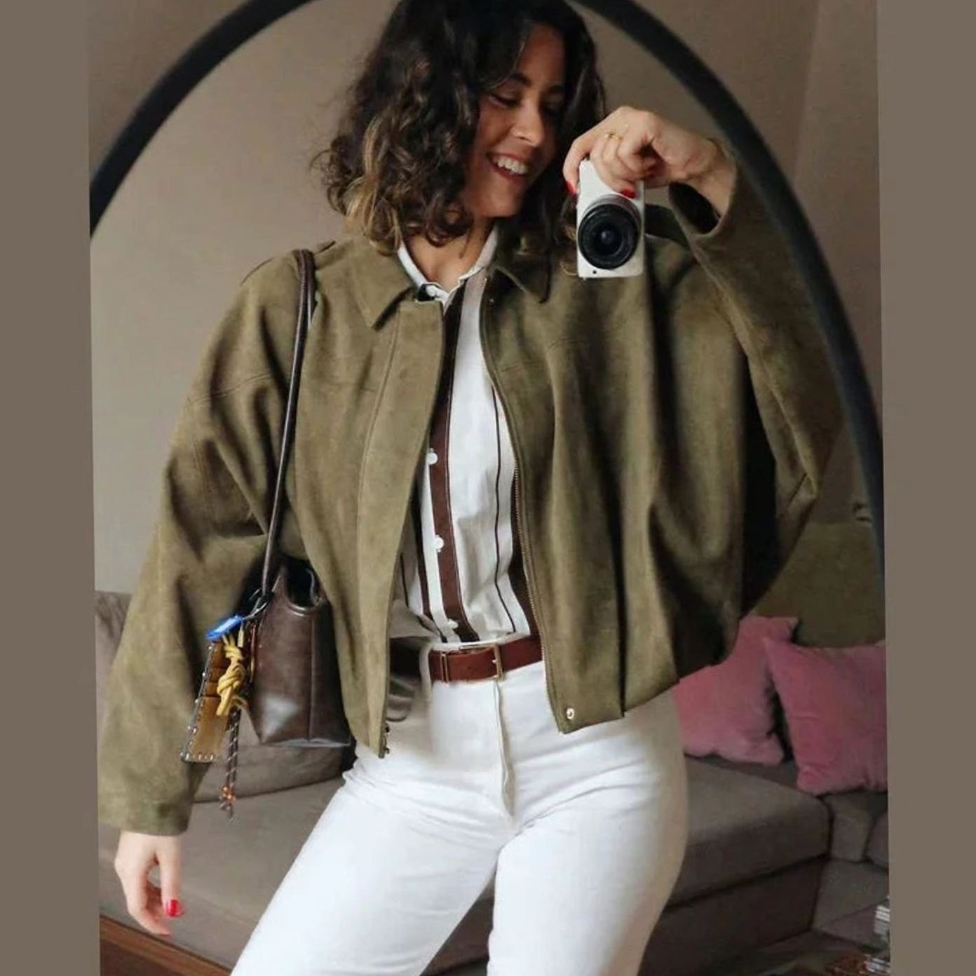 Women's Oversized Suede-Look Light Bomber Jacket Zip-Up