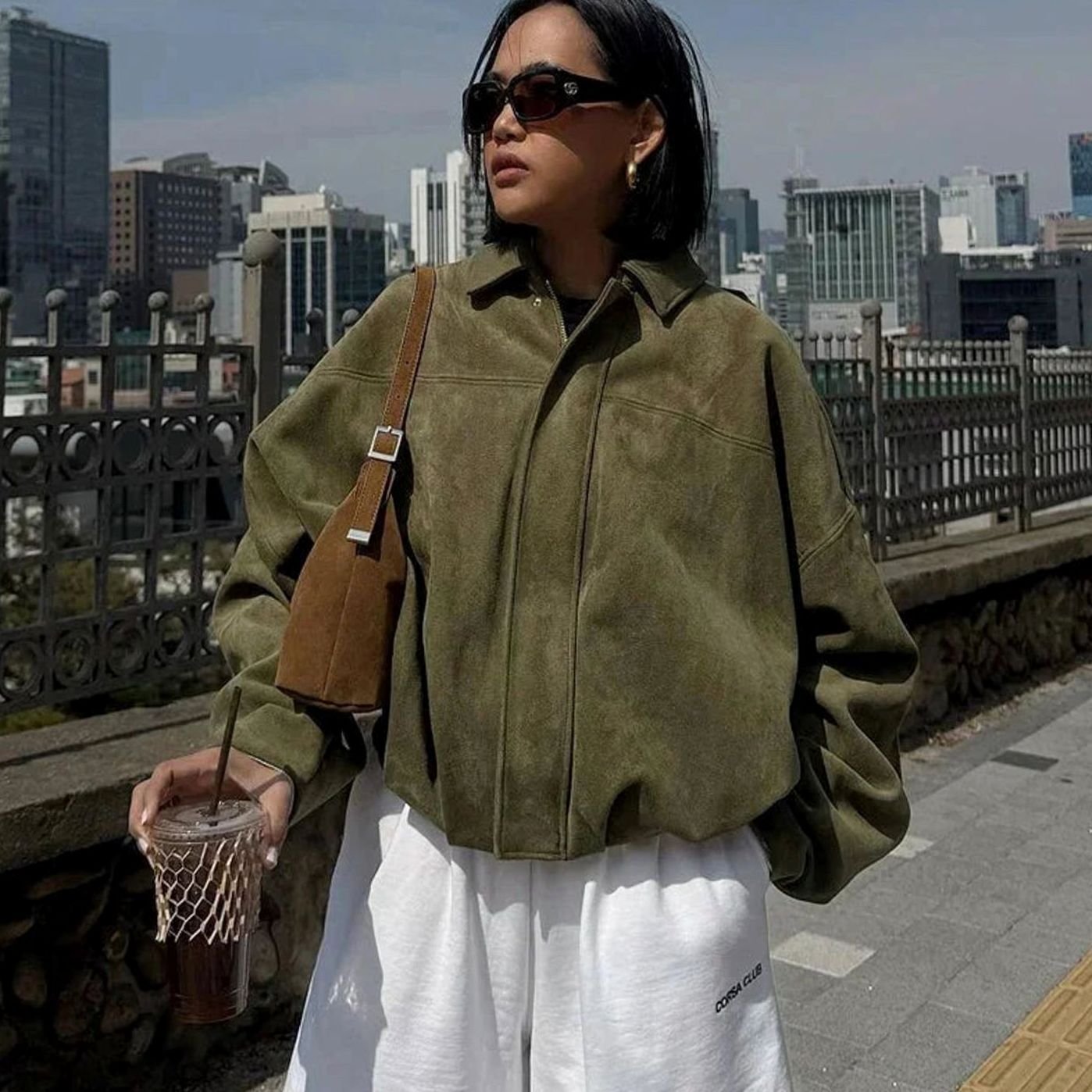 Women's Oversized Suede-Look Light Bomber Jacket Zip-Up