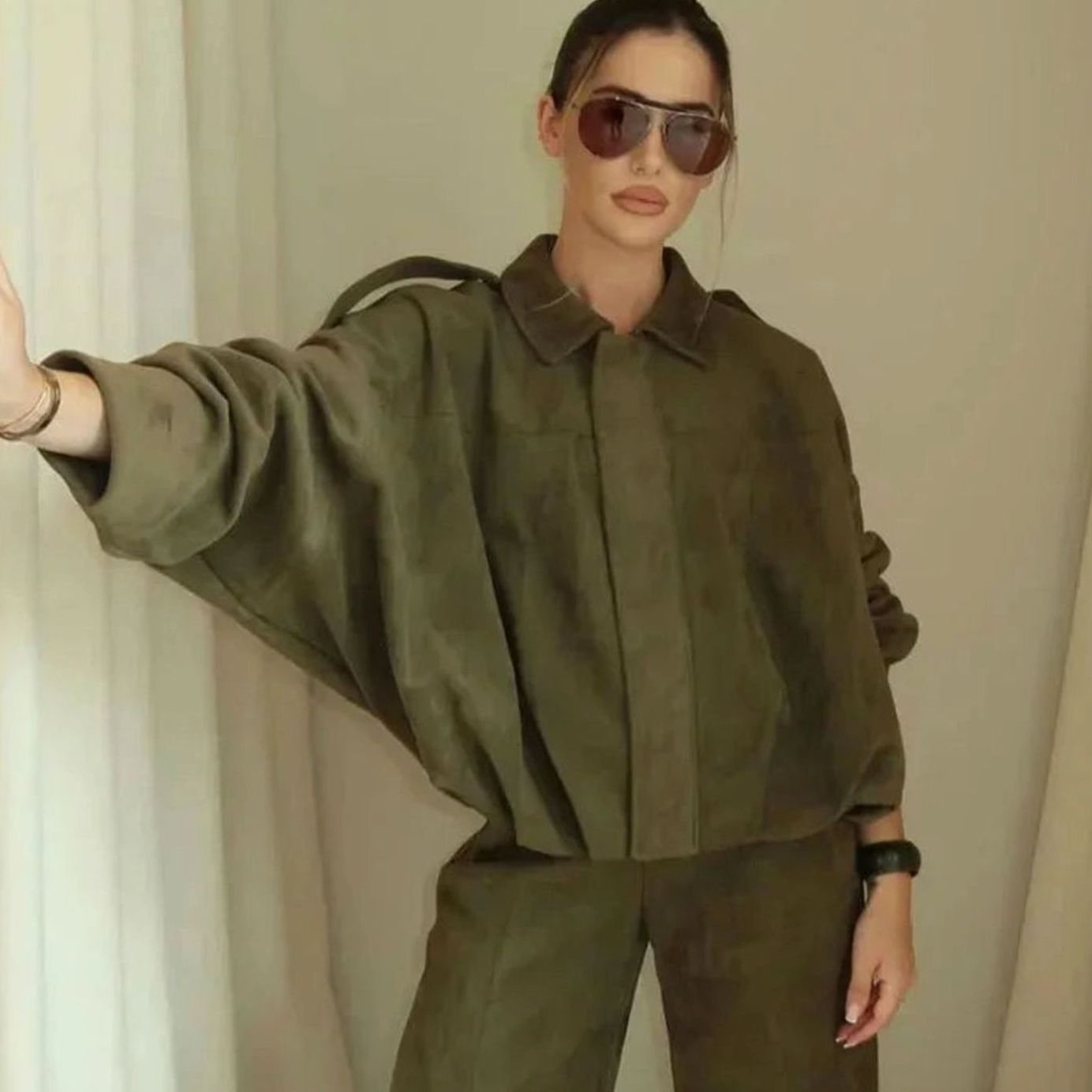 Women's Oversized Suede-Look Light Bomber Jacket Zip-Up