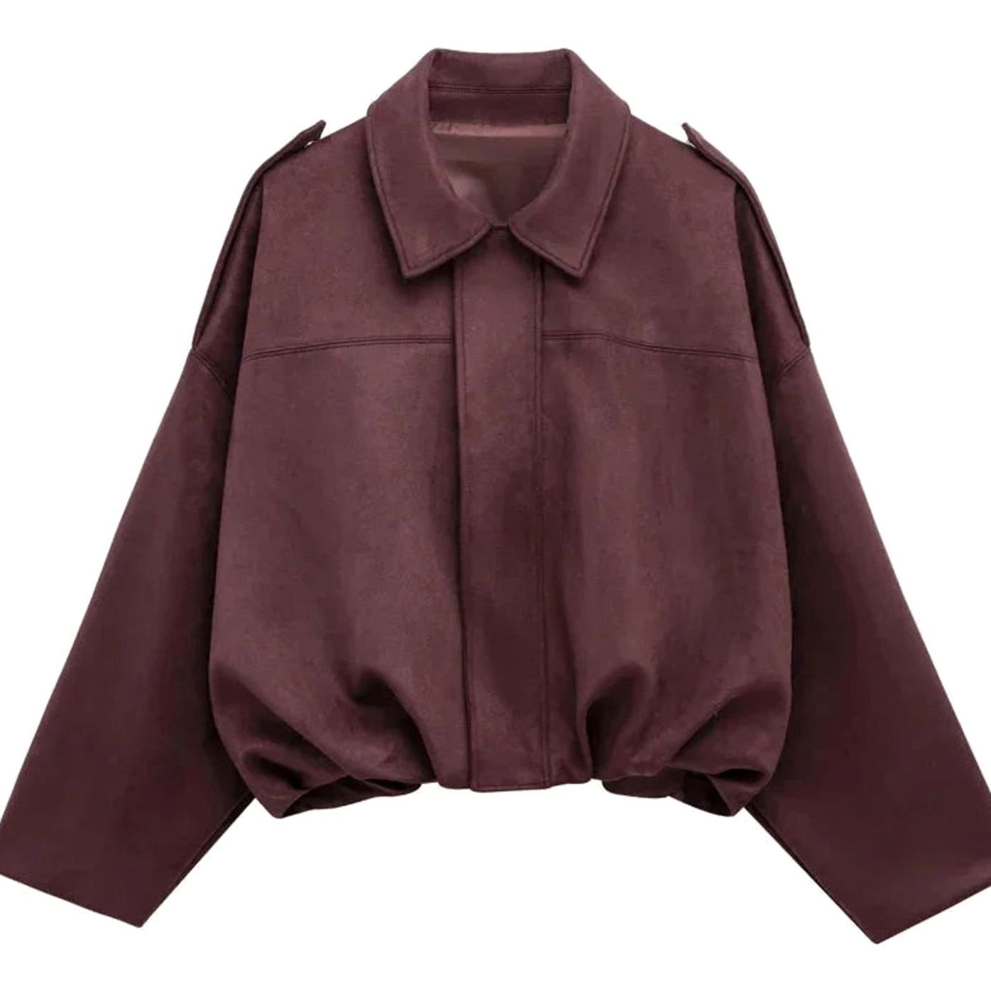 Women's Oversized Suede-Look Light Bomber Jacket Zip-Up - Burgundy