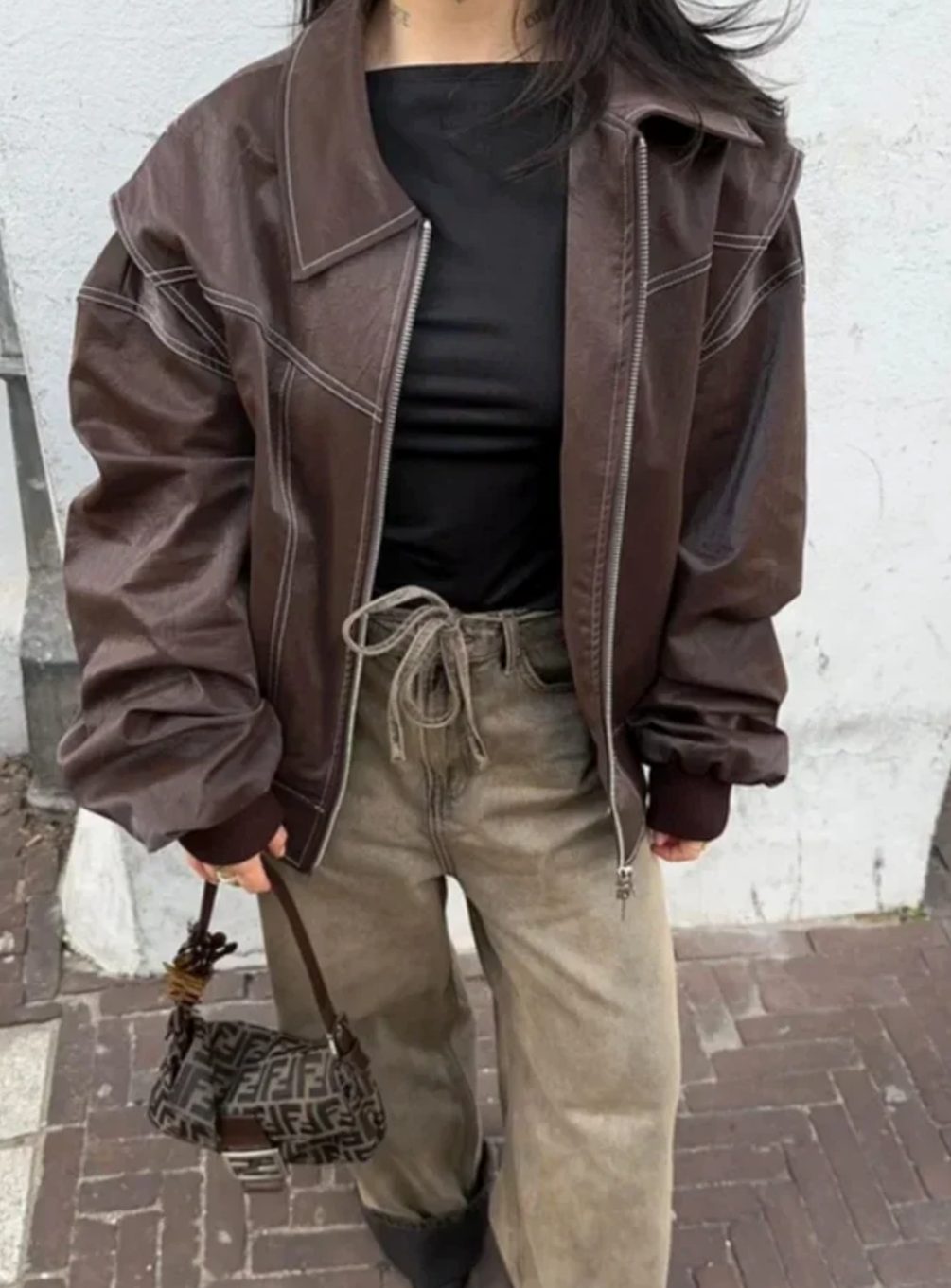 Women's Oversized Zip-Up Bomber Jacket Relaxed Fit - Brown