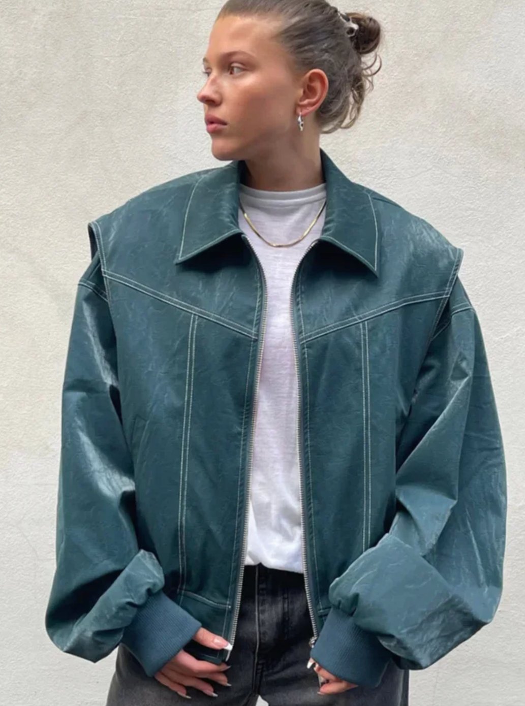 Women's Oversized Zip-Up Bomber Jacket Relaxed Fit - Turquoise