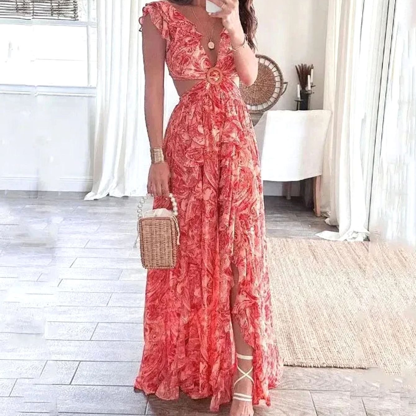 Women's Paisley Floral Maxi Dress V-Neck Cutout Ruffle - Red