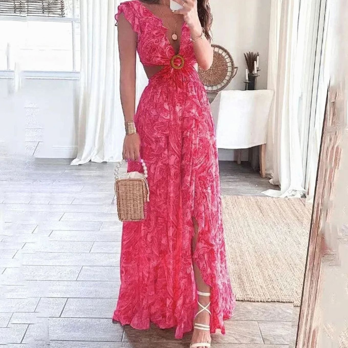 Women's Paisley Floral Maxi Dress V-Neck Cutout Ruffle - Pink