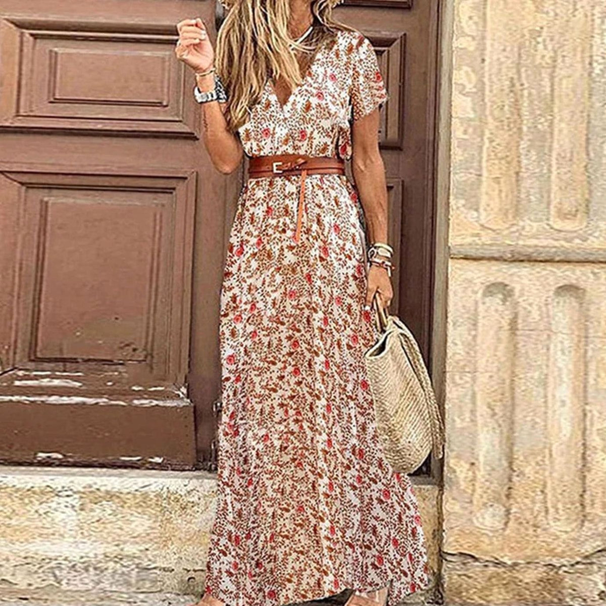 Women's Paisley Print Boho Maxi Dress V-Neck Short Sleeve - Red