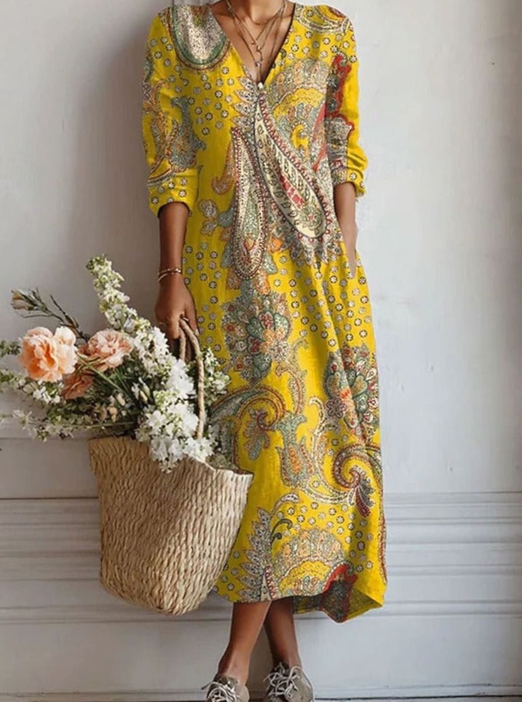 Women's Paisley Print V-Neck Long Sleeve Maxi Day Dress - Yellow