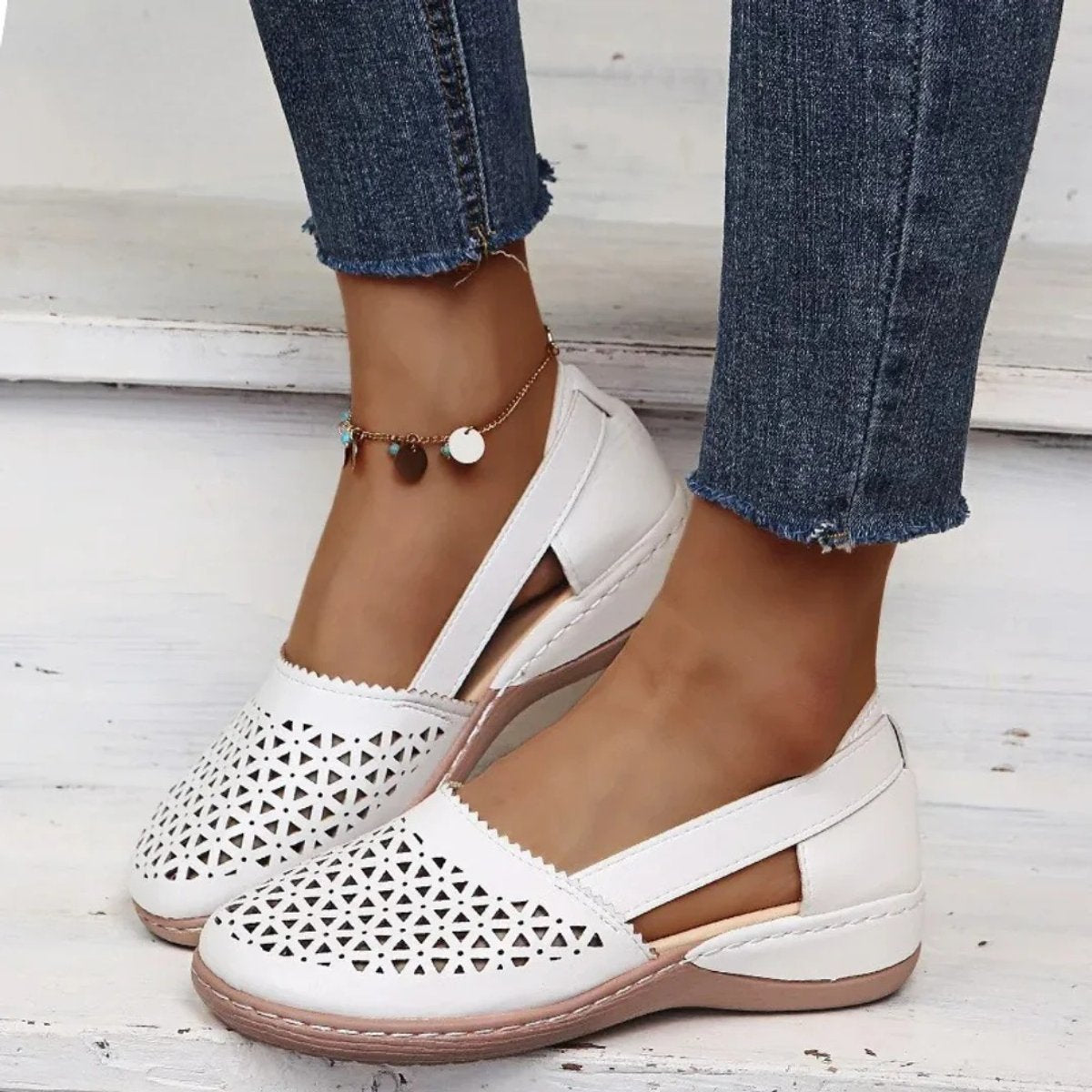 Women's Perforated Slip-On Comfort Sandals Breathable Casual Flats - White