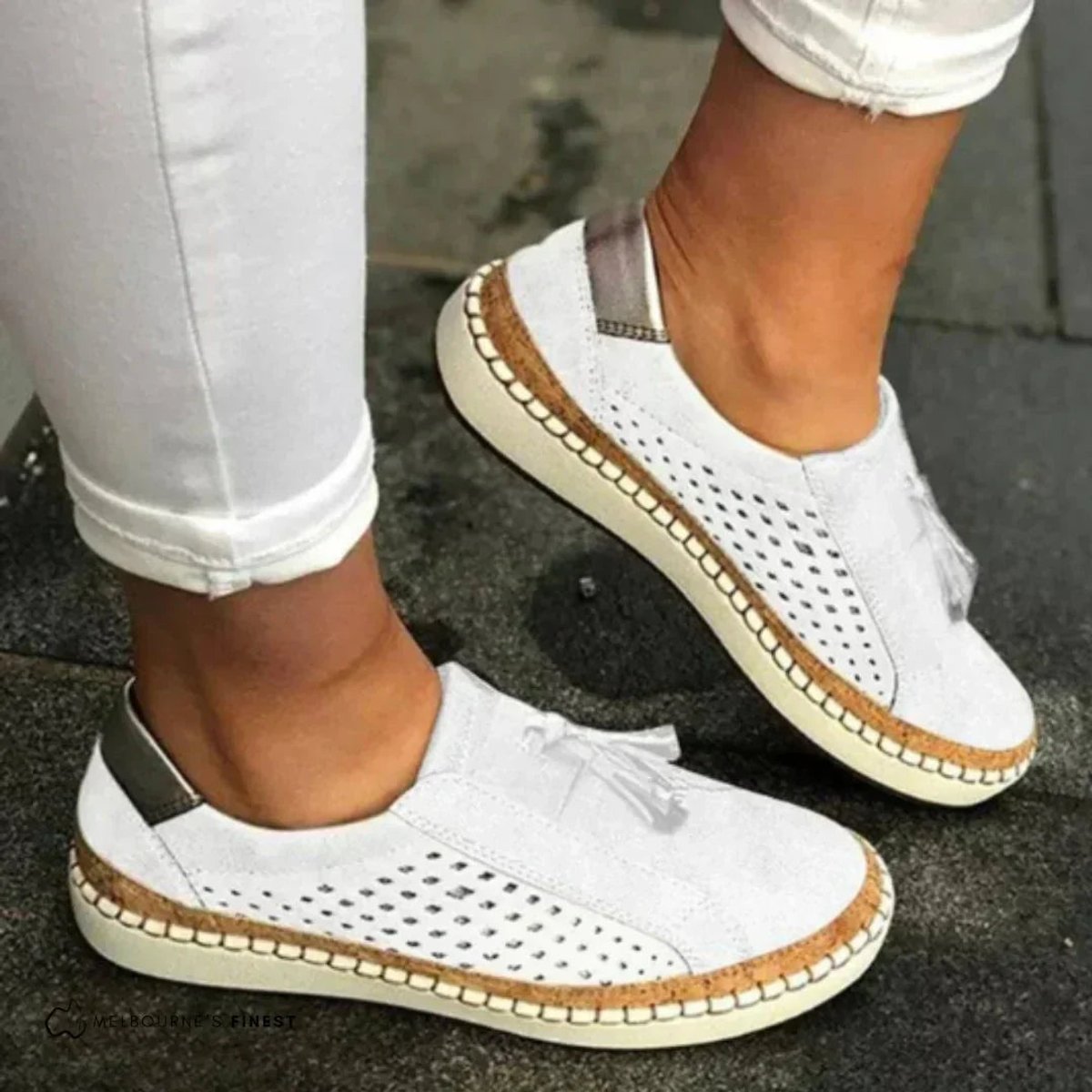 Women's Perforated Slip-On Comfort Sneakers Tassel Cork Trim - White