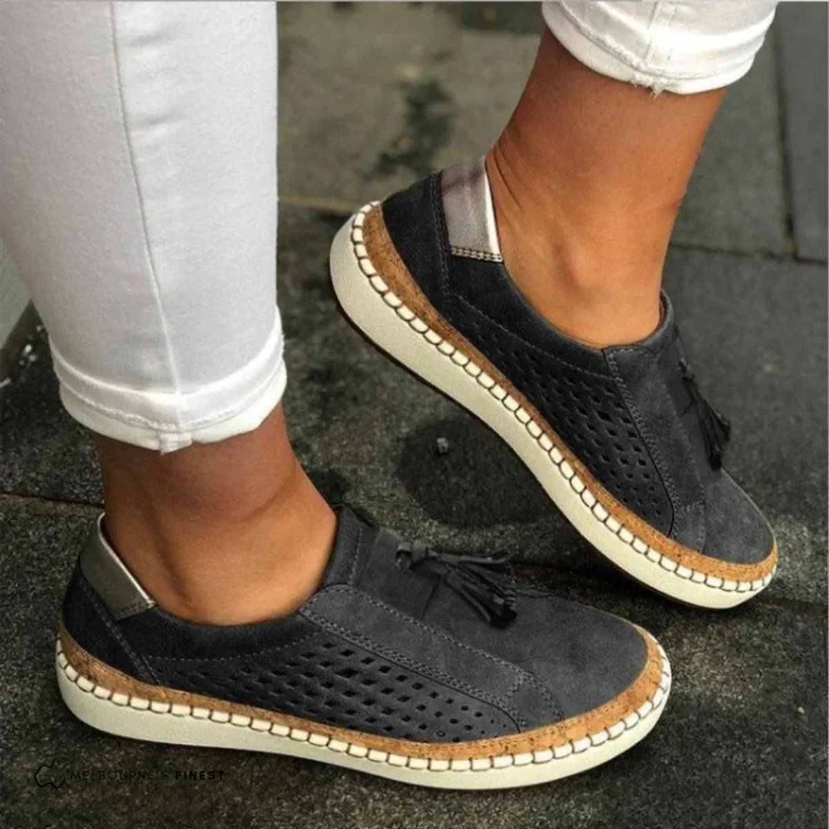 Women's Perforated Slip-On Comfort Sneakers Tassel Cork Trim - Black
