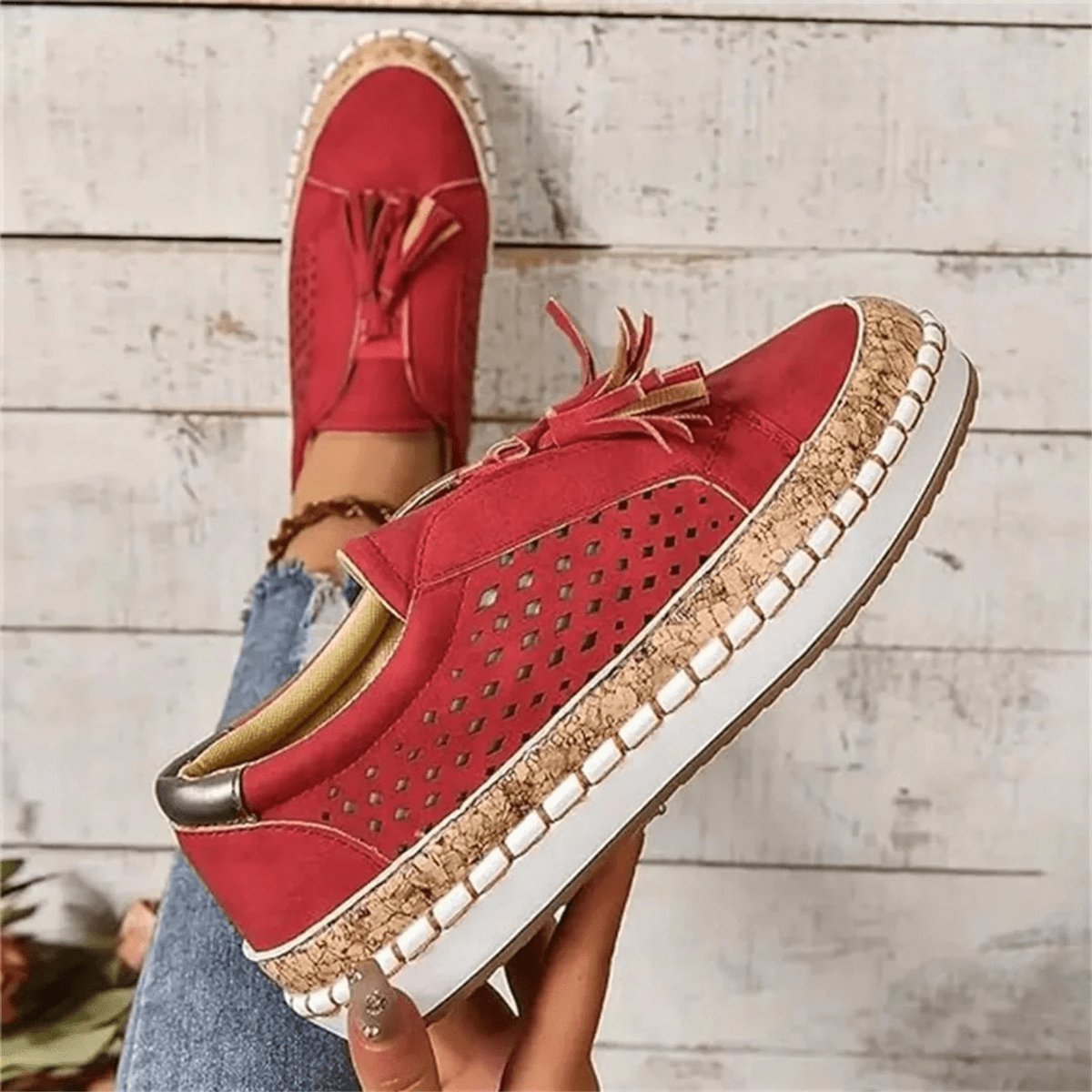 Women's Perforated Slip-On Comfort Sneakers Tassel Cork Trim