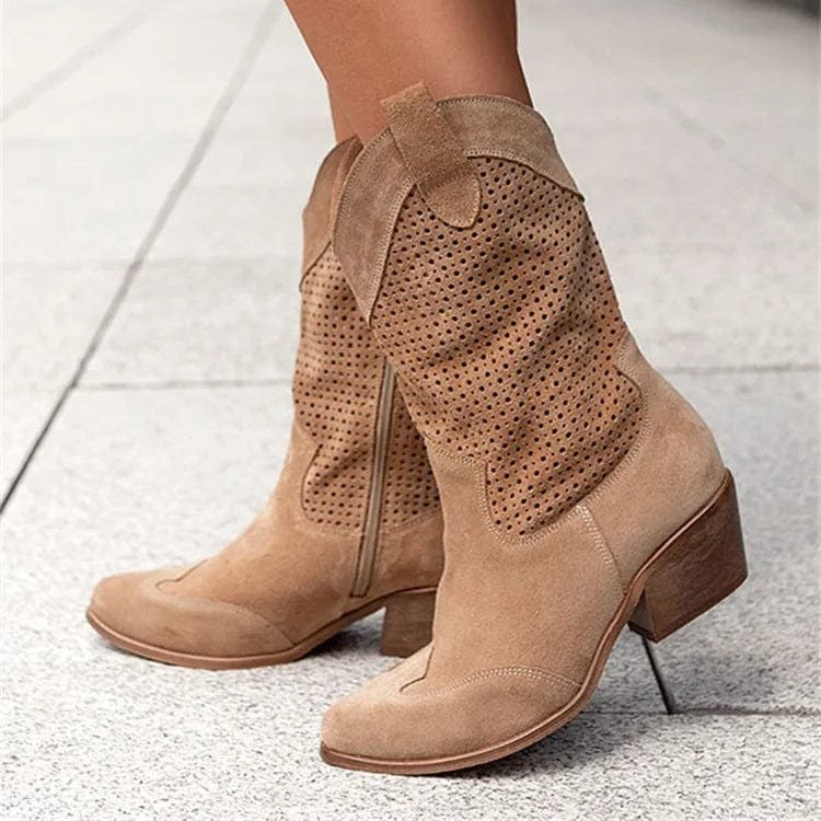 Women's Perforated Suede Western Block-Heel Ankle Boots