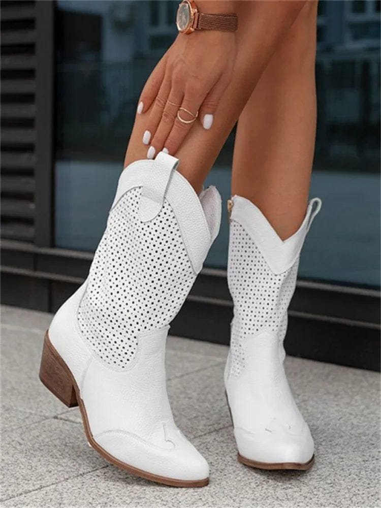 Women's Perforated Suede Western Block-Heel Ankle Boots - White