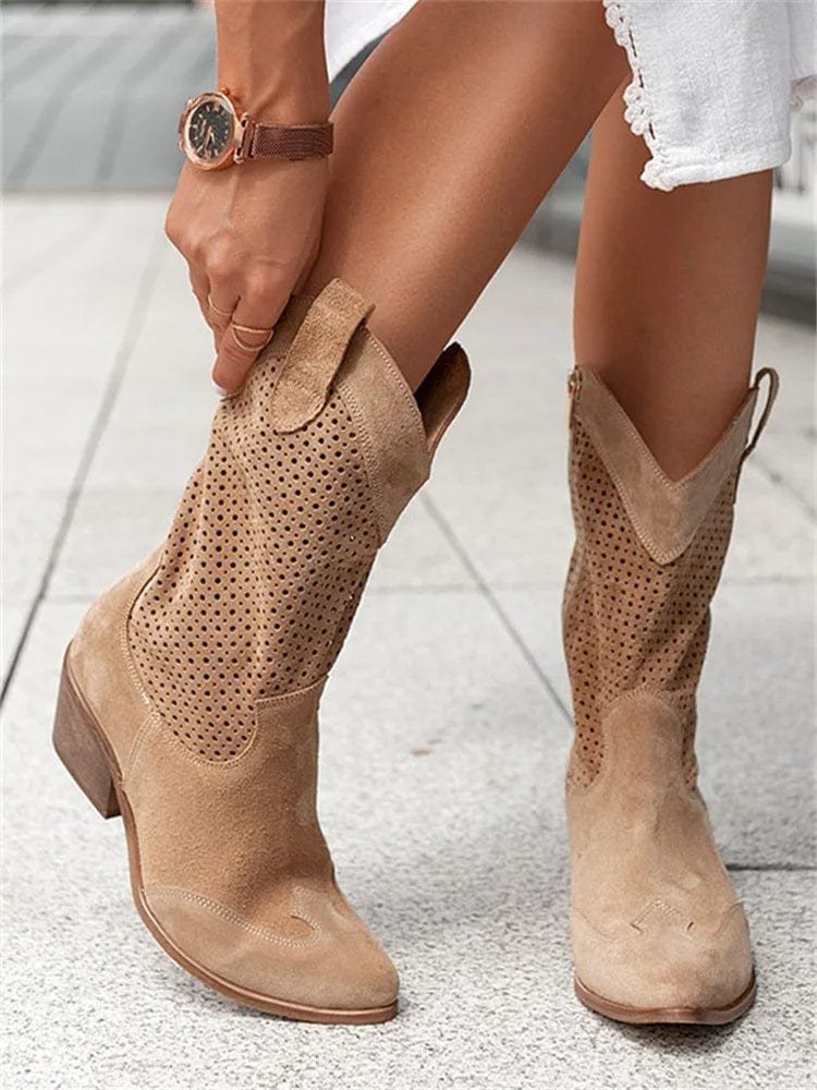 Women's Perforated Suede Western Block-Heel Ankle Boots