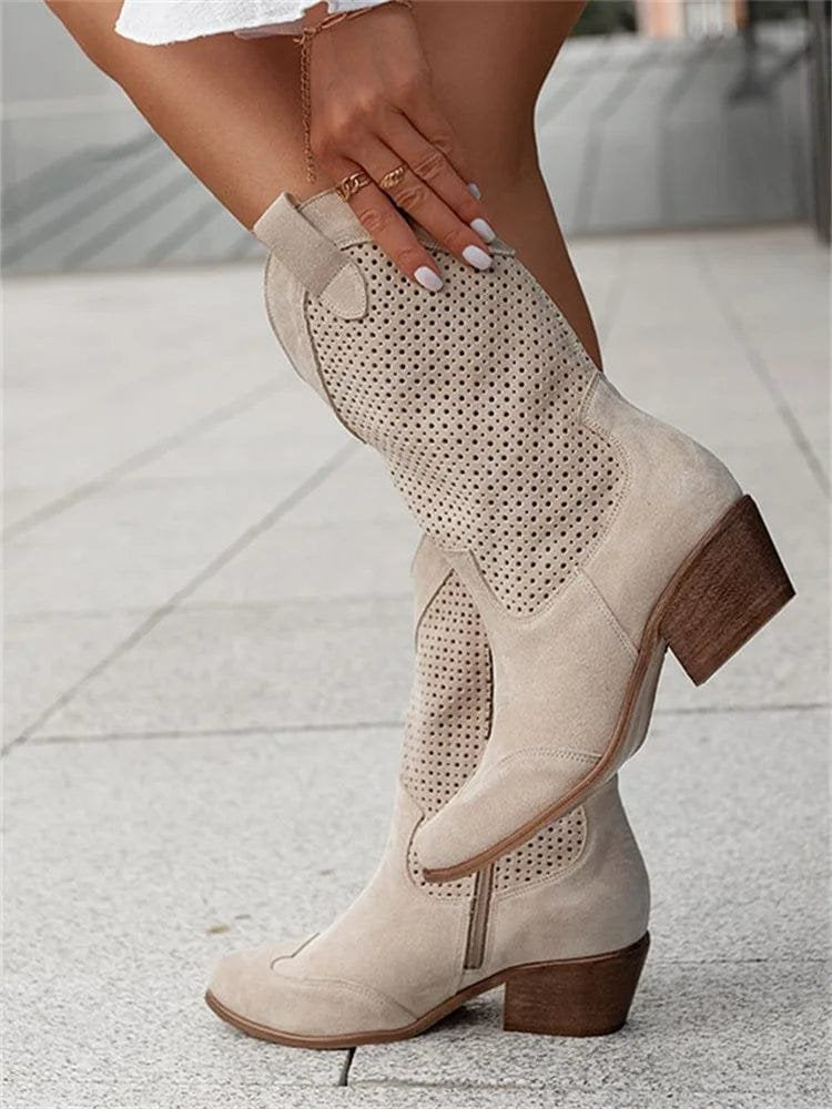 Women's Perforated Suede Western Block-Heel Ankle Boots