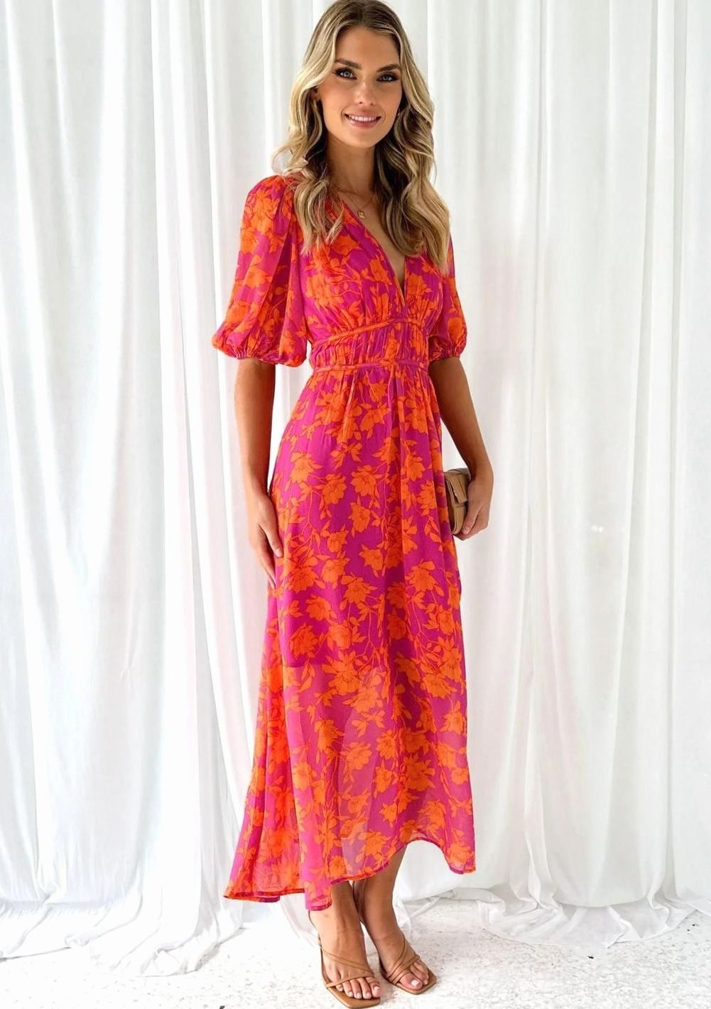 Women's Pink Floral Maxi Dress V-Neck Short Sleeve