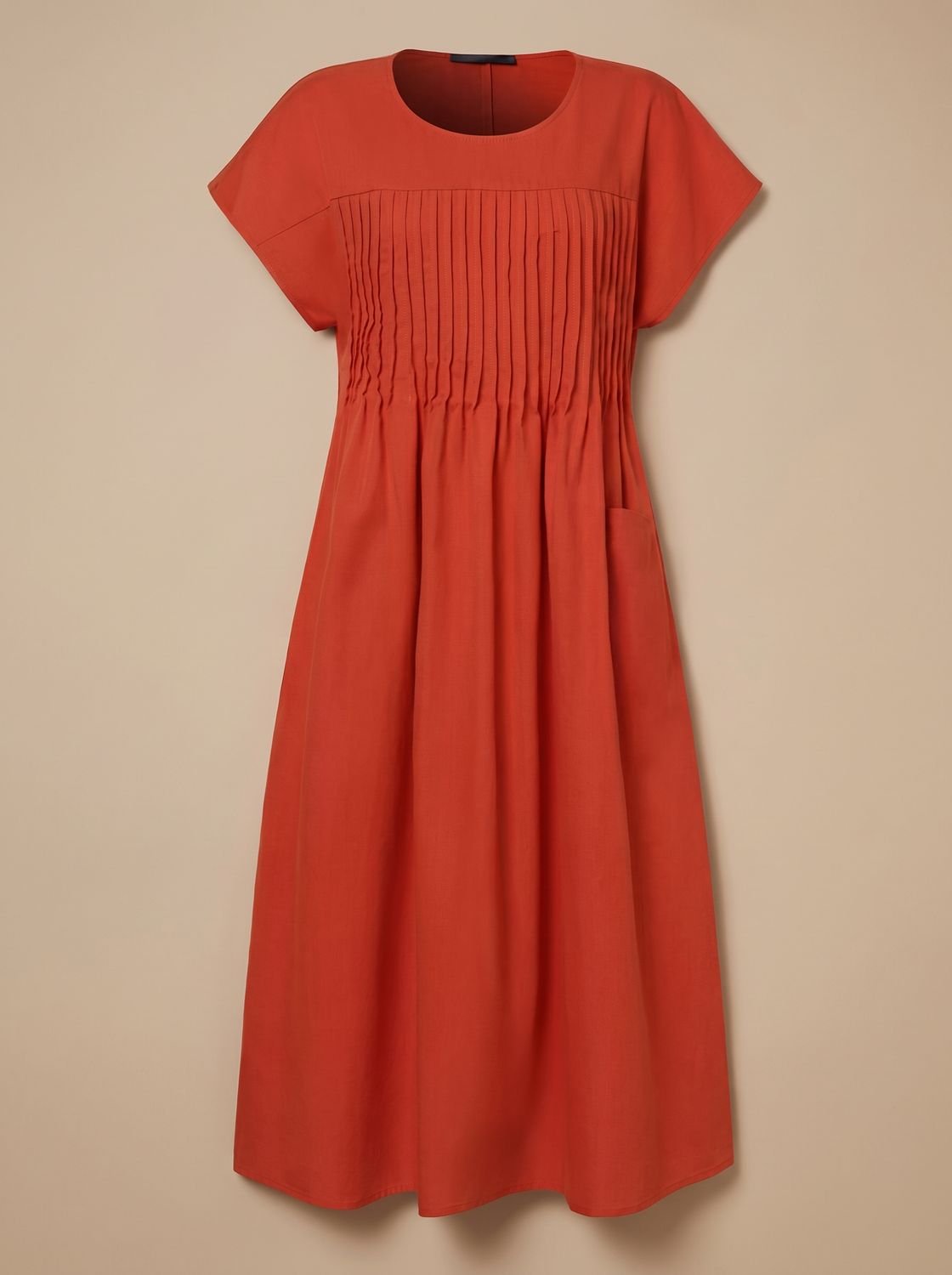 Women's Pleated Bodice Short-Sleeve Relaxed Midi Dress
