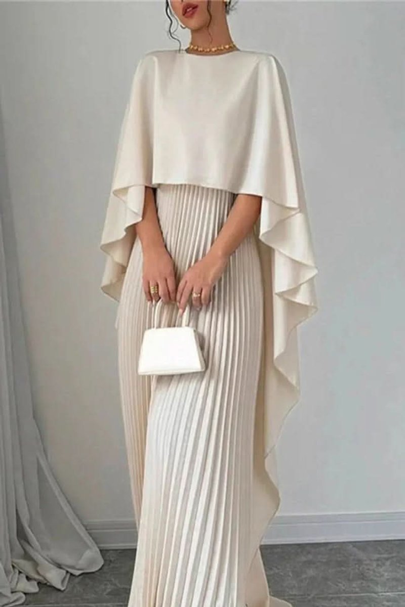 Women's Pleated Cape-Overlay Maxi Evening Gown