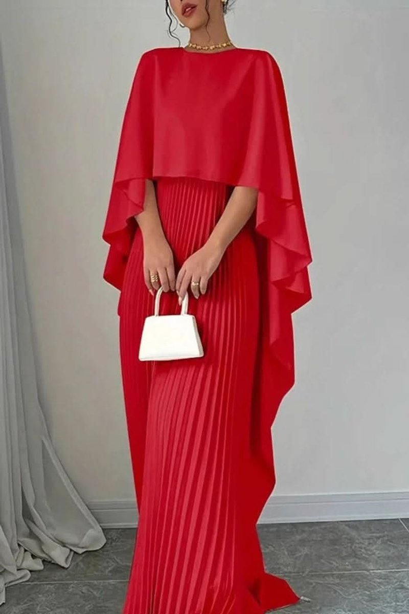 Women's Pleated Cape-Overlay Maxi Evening Gown - Red