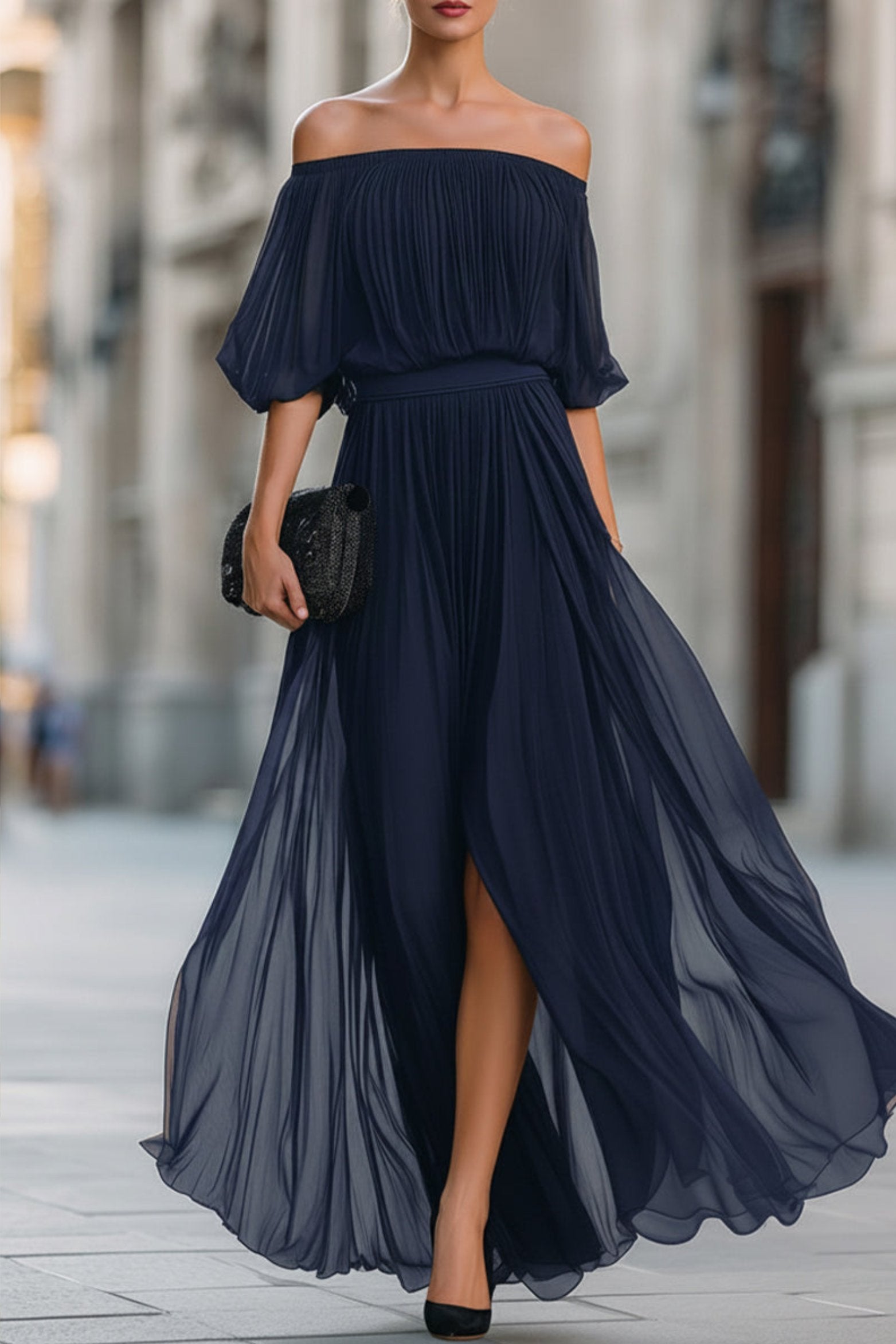 Women's Pleated Chiffon Off-Shoulder Flowing Maxi Dresses - Navy
