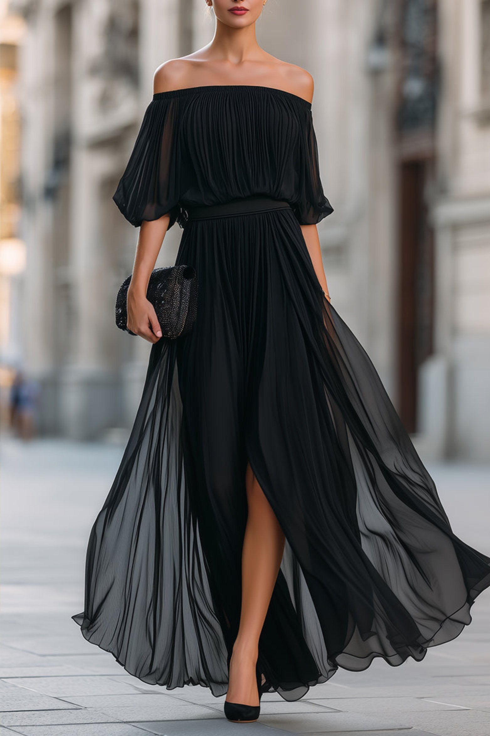 Women's Pleated Chiffon Off-Shoulder Flowing Maxi Dresses