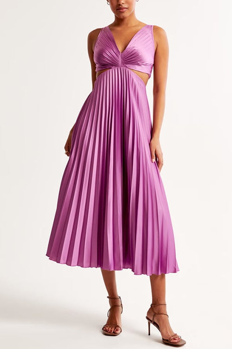 Women's Pleated Cutout V Neck Dress Sleeveless Maxi - Purple